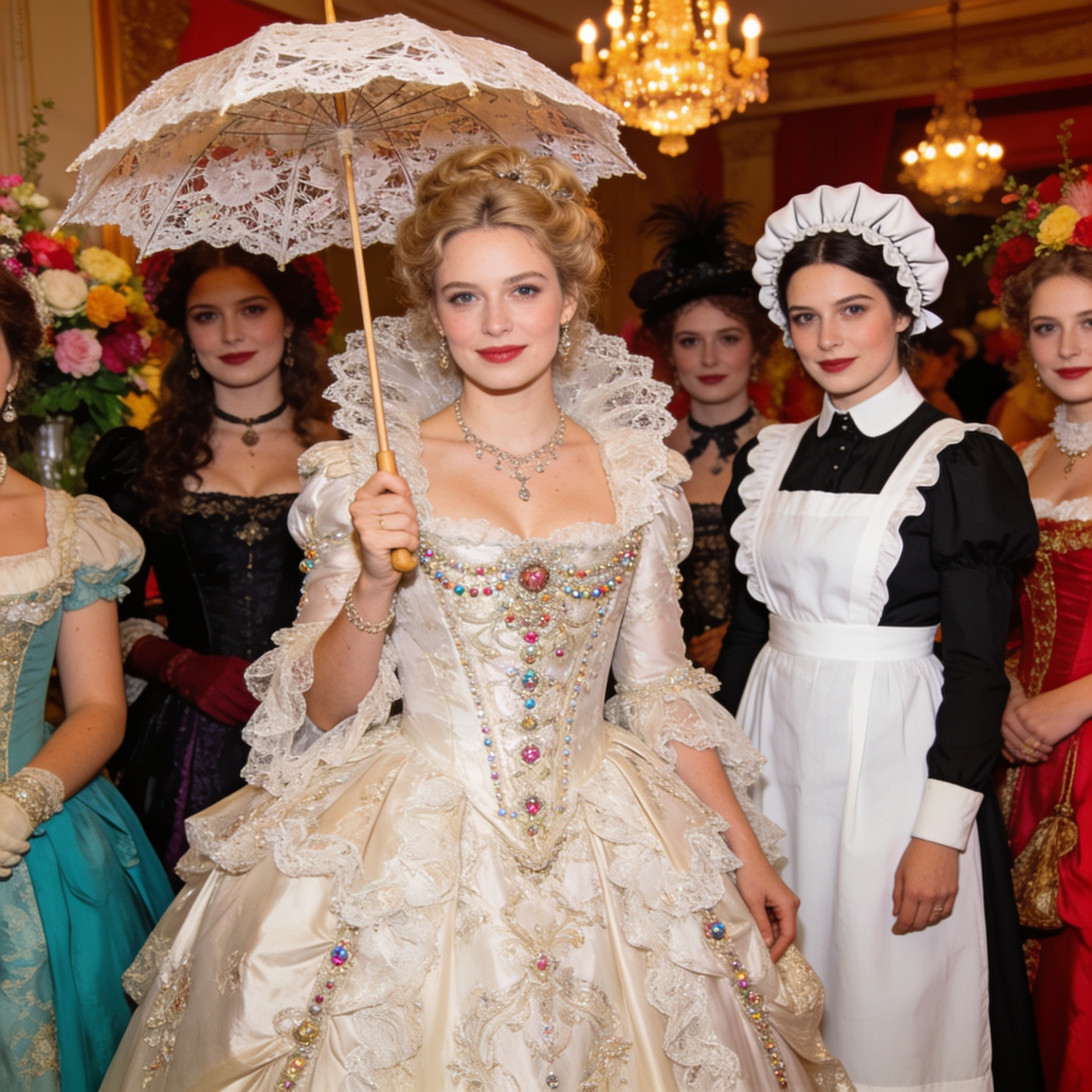 A vibrant group of women at a historical themed party wearing Ladies Victorian fancy dress costumes, featuring one woman in an elegant high-society gown holding a lace parasol, another in a classic Dickensian maid outfit.