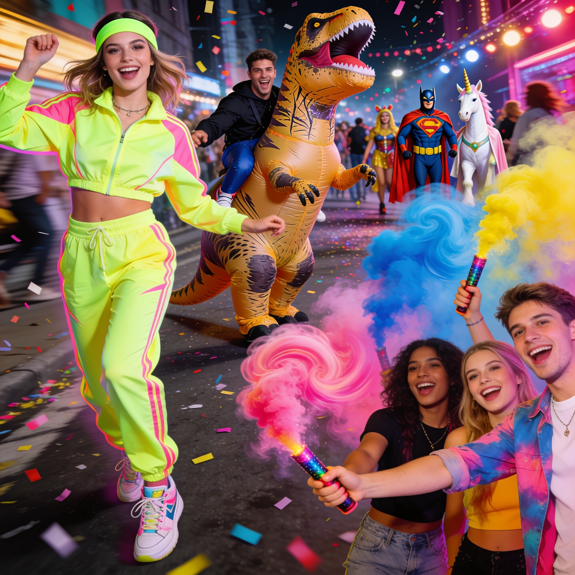 A vibrant, high-energy collage of people having fun in various best-selling fancy dress costumes, featuring a woman in a bright 80s neon tracksuit, a man in a hilarious inflatable dinosaur suit, and a group of friends holding colorful smoke bombs.