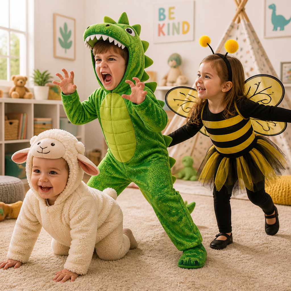 A playful group of children wearing different animal fancy dress costumes, featuring a toddler in a fluffy sheep outfit, a young boy roaring in a green dinosaur suit, and a little girl dressed as a busy bumblebee with wings.