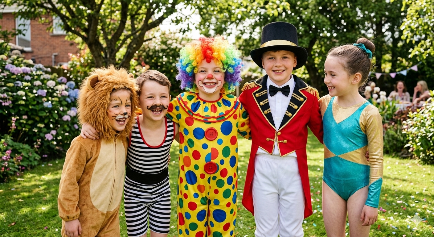 A group of smiling children wearing colorful circus fancy dress costumes, featuring a bright polka-dot clown suit with a rainbow wig, alongside a little ringmaster wearing a red tailcoat and top hat.