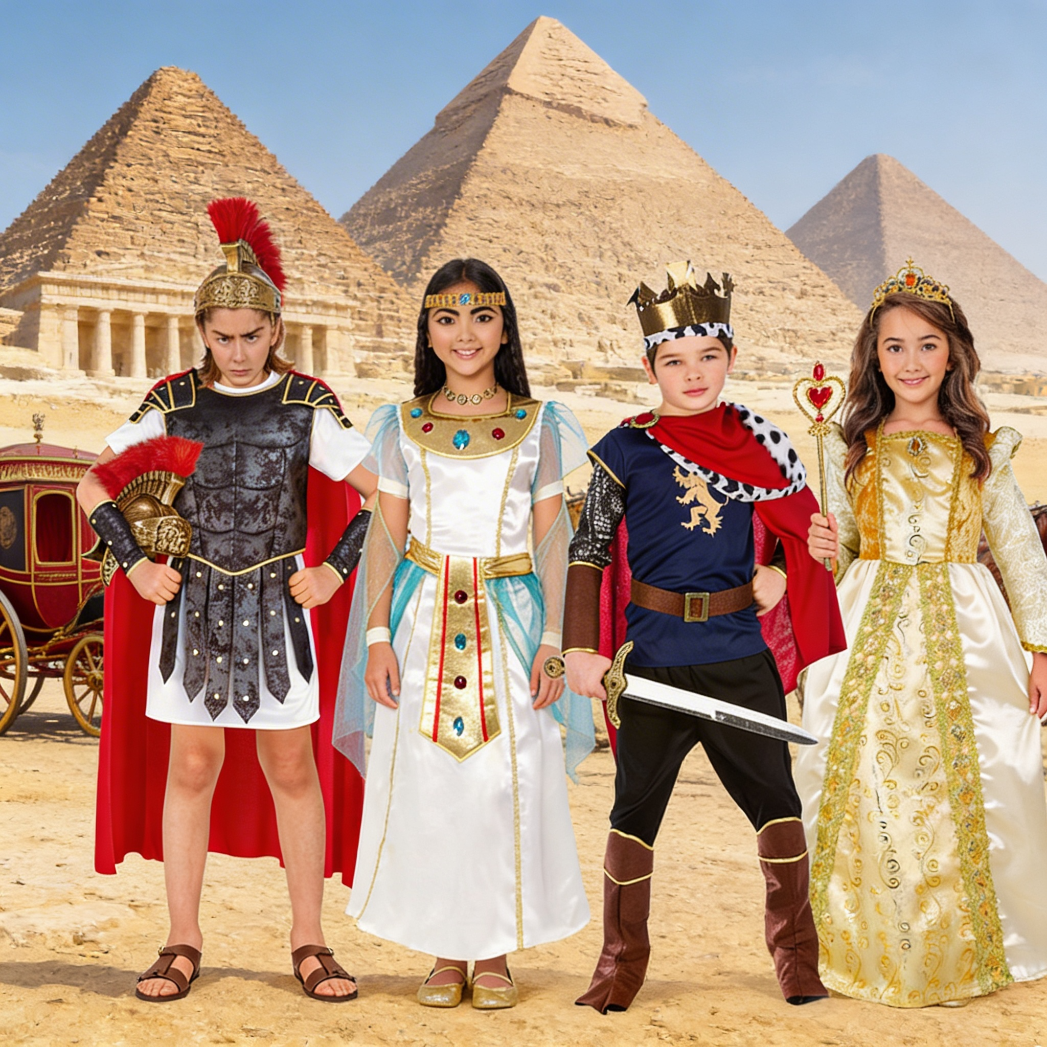 Kids wearing Historical fancy dress Costumes in front of some pyramids