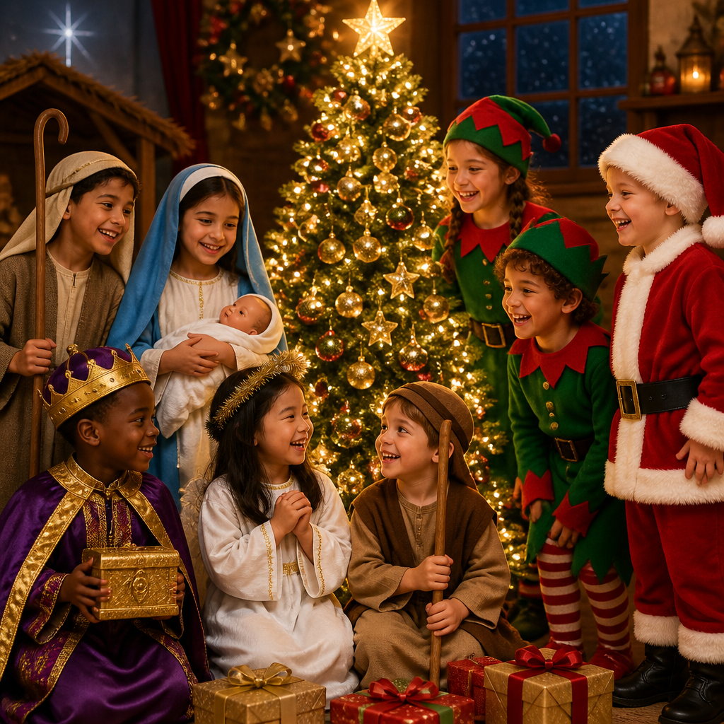 A joyful group of children posing around a decorated Christmas tree in festive fancy dress costumes, featuring a child in a classic Nativity shepherd outfit, another in a cute green elf suit, and a third wearing a sweet mini Santa dress.