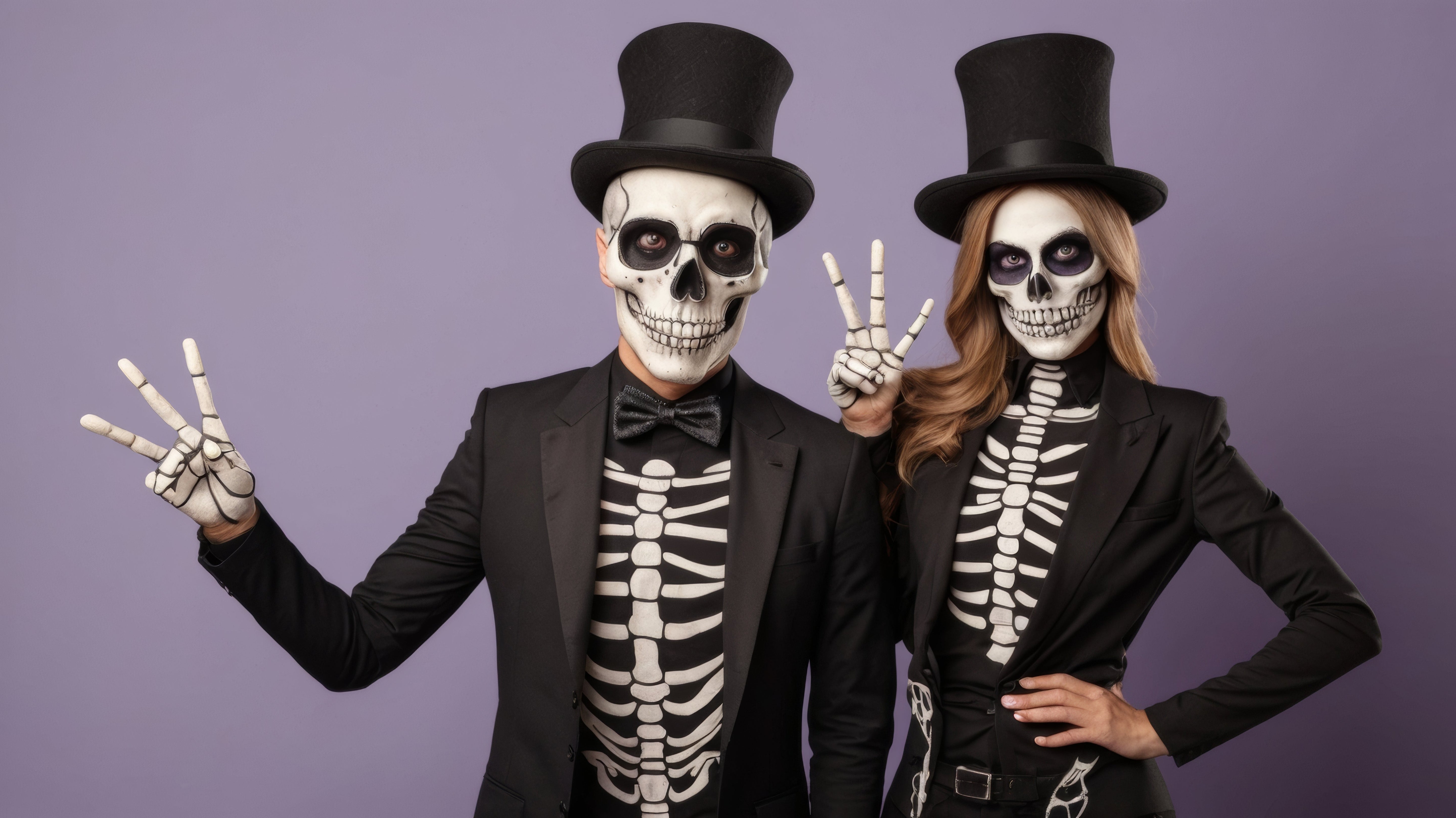 A couple dressed in skeleton costumes