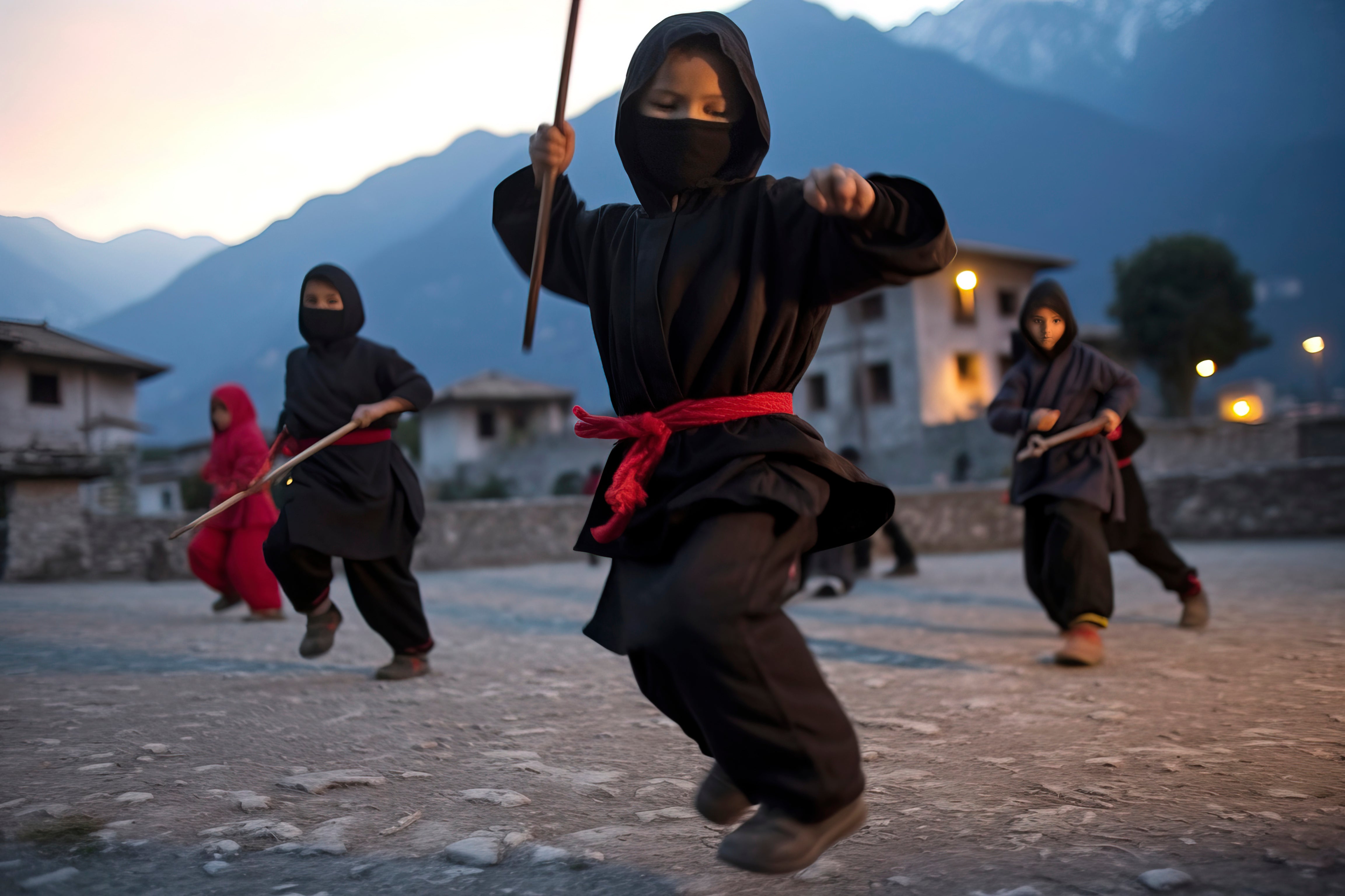 A group of children in black and red ninja costumes practice with staffs in a courtyard at dusk, embodying the spirit of a kids' ninja costume collection.