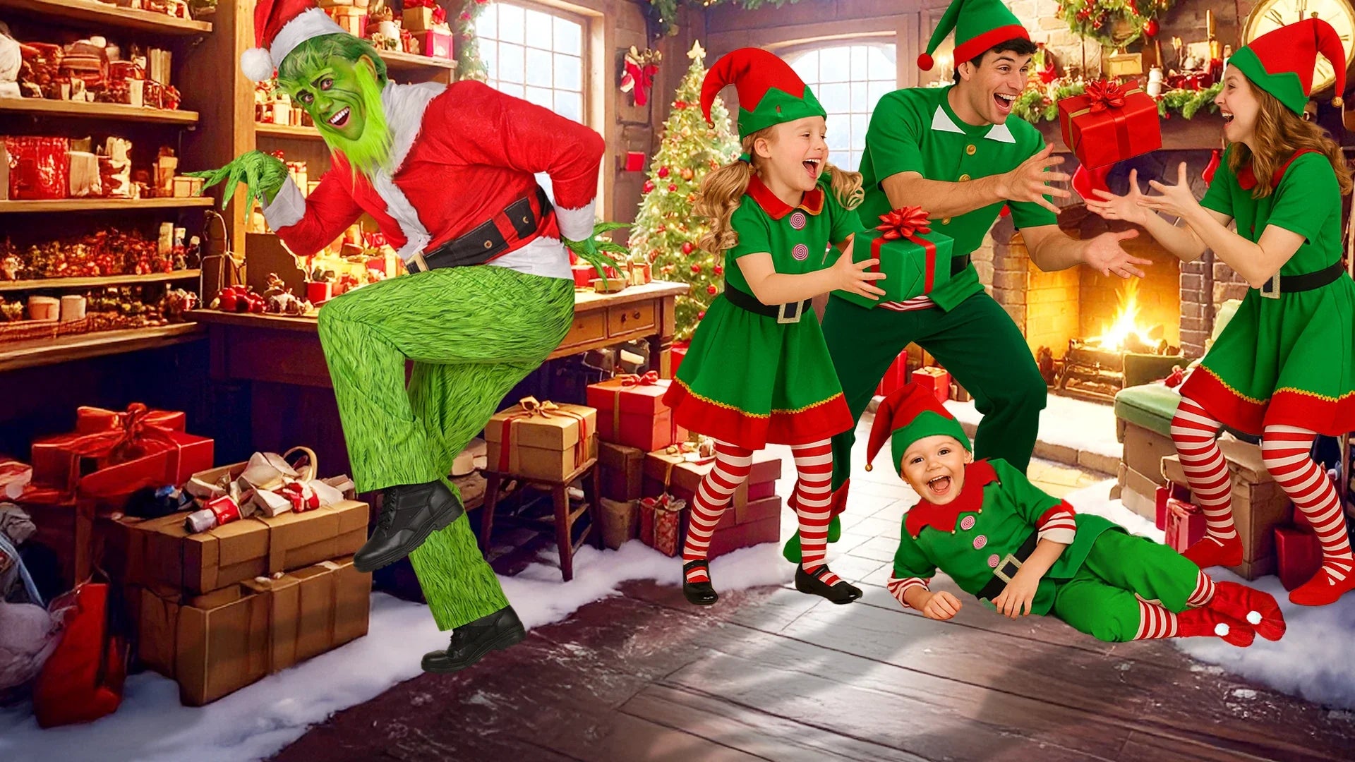 adults and children wearing elf costumes with a man wearing a Grinch costume in background