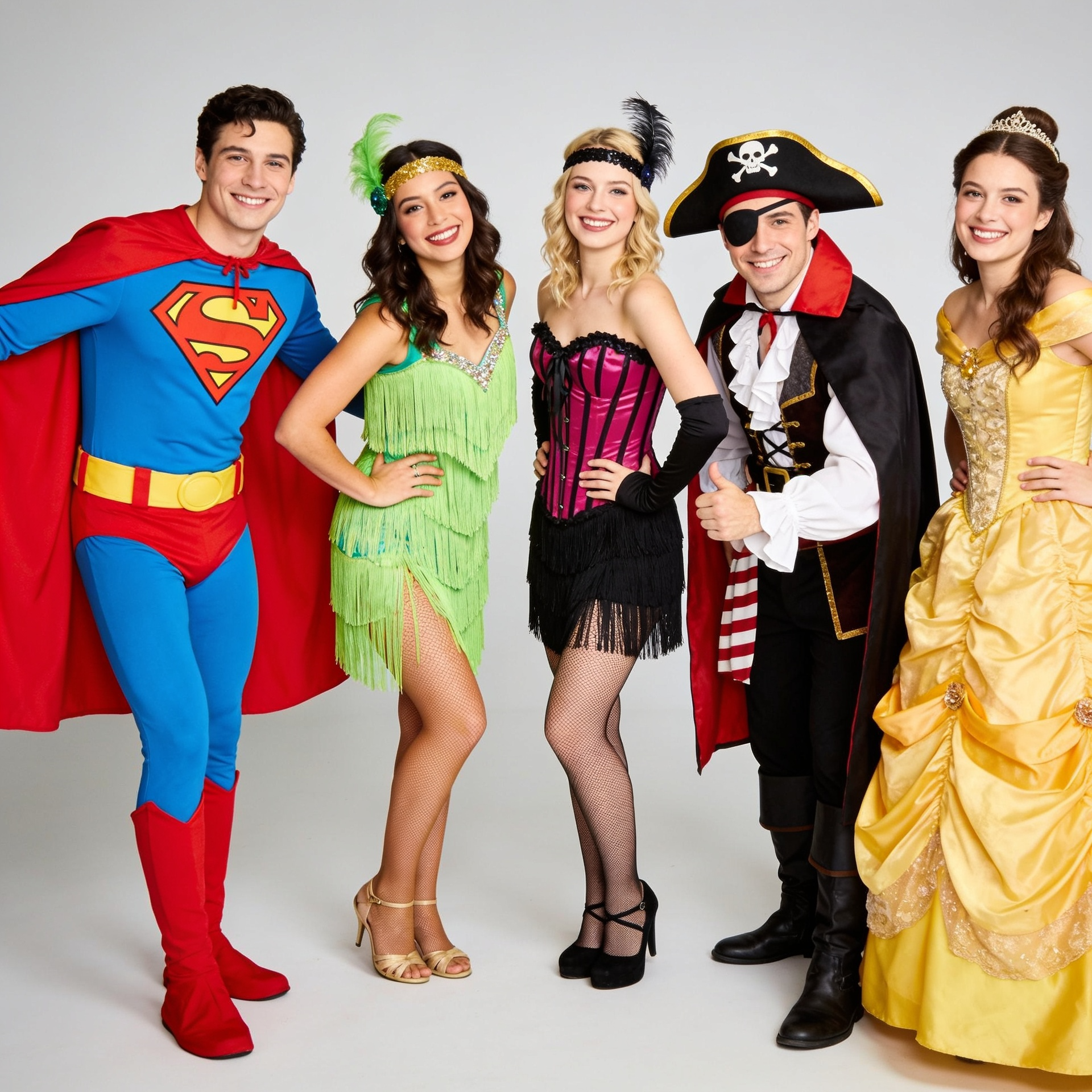 a diverse group of people wearing colourful fancy dress costumes — a superhero, a 1920s flapper dress, a pirate, and a fairytale princess costume — standing together against a clean, softly lit studio background in neutral light grey. 