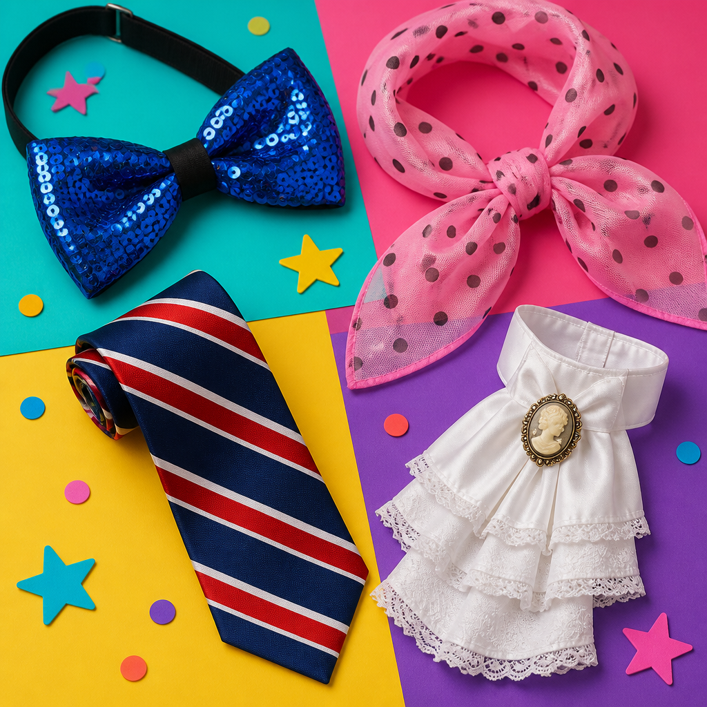 A vibrant, fun flat lay of fancy dress neckwear accessories scattered on a colorful background, featuring a bright sequin bowtie, a retro 1950s pink chiffon scarf, a classic striped school tie, and an elegant white Victorian cravat.