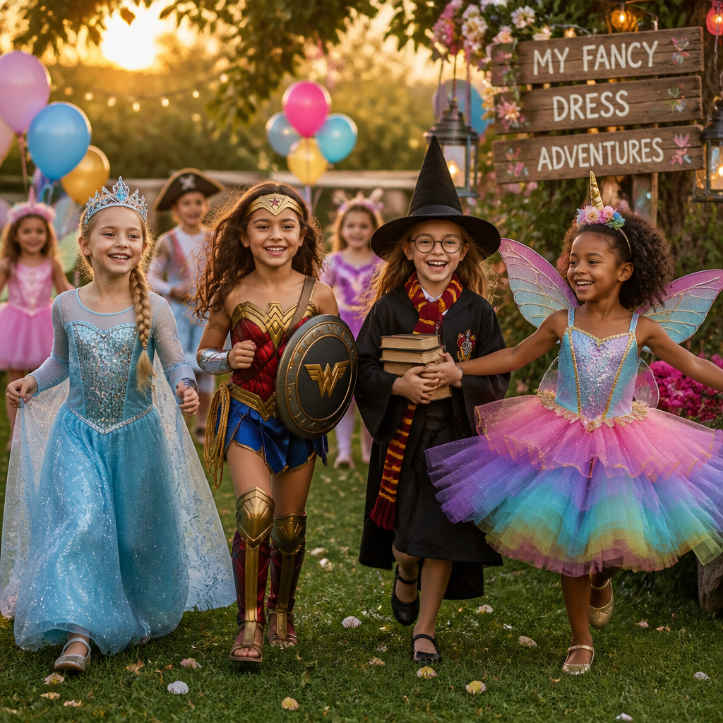 group of girls dressed in fancy dress costumes playing