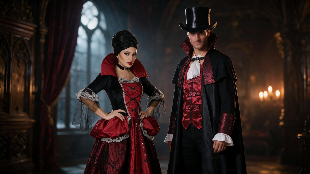 A man and woman vampires in dimly lit Victorian gothic manor interior, ornate dark wood panelling and a tall arched window with moonlight streaming through.