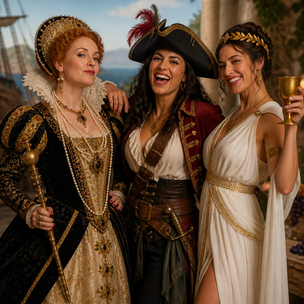 A fun, high-energy group of women posing together in historical fancy dress costumes, featuring one woman in a regal velvet Tudor queen gown, another as a fierce pirate captain, and a third in an elegant ancient Greek goddess dress.