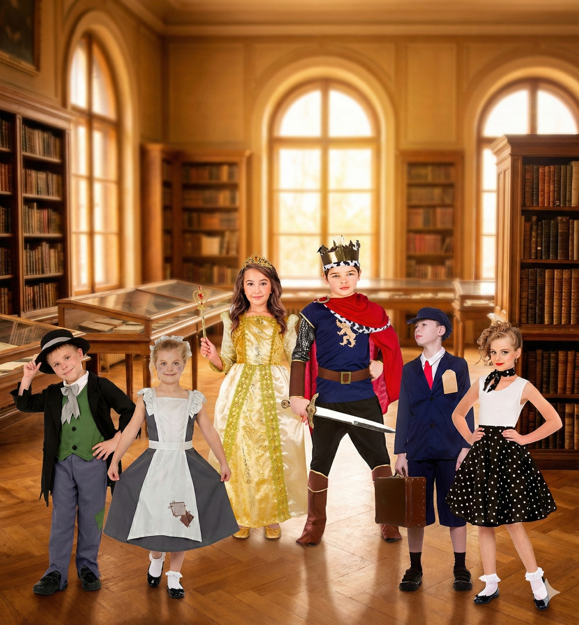 Kids wearing Historical & Decades Costumes in a museum