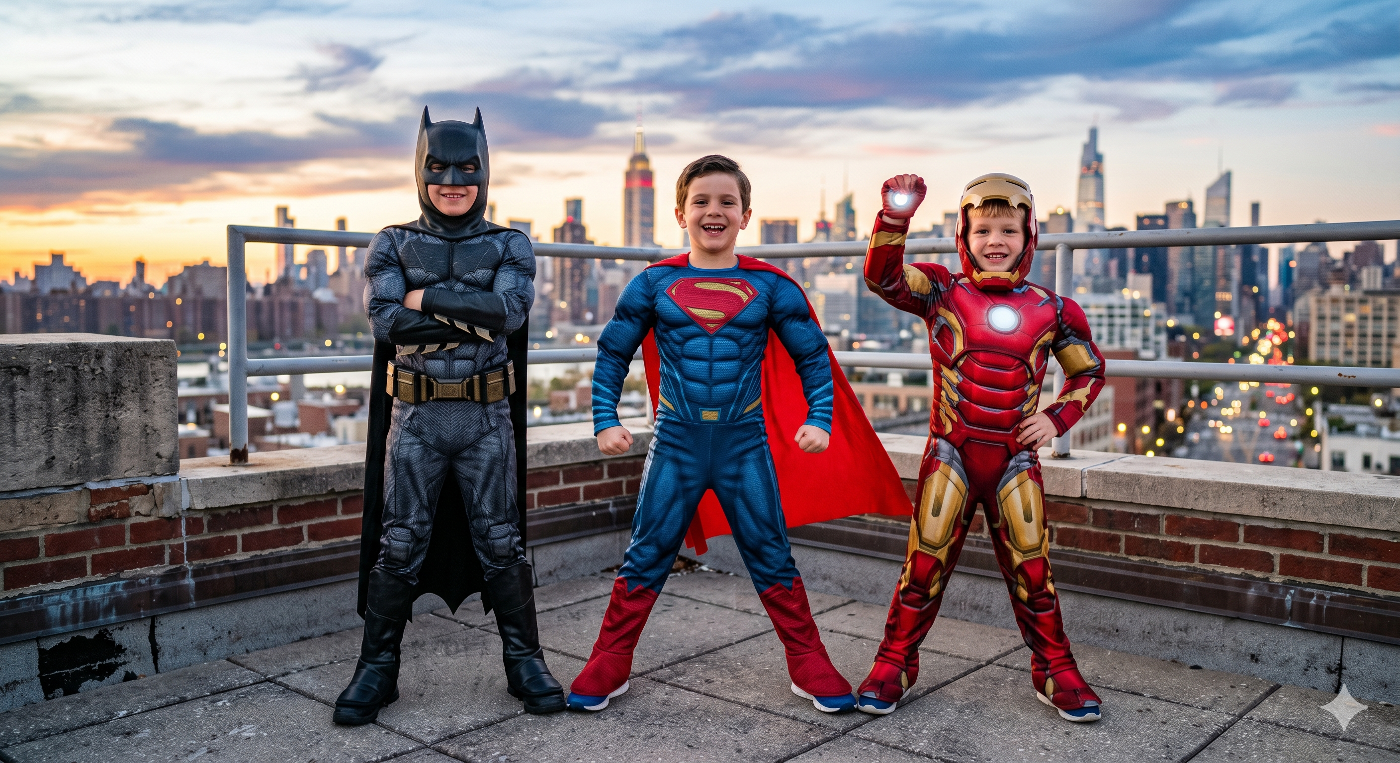 Kids wearing popular comic book superhero and villain fancy dress costumes, featuring a child in a red and blue Superman muscle suit, a child in an Iron Man armour outfit, and a child dressed in a dark Batman suit, posing together.