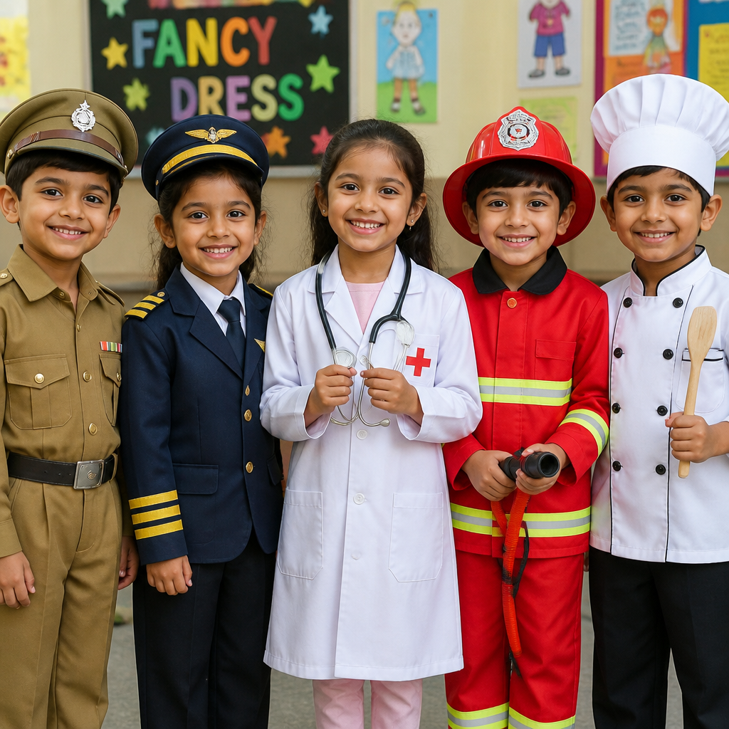 A joyful group of children playing make-believe in uniform fancy dress costumes, featuring a young girl in a white doctor's coat with a toy stethoscope, a boy in a bright yellow and red firefighter outfit, and a boy in a chef uniform.