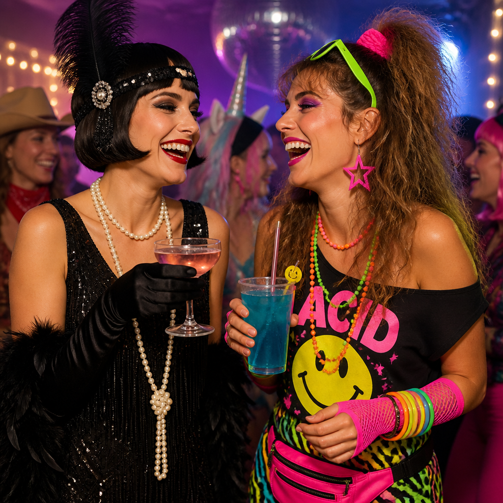 Women looking fabulous in various fancy dress costumes, including a sparkling 1920s flapper and a bright 80s neon raver, laughing together while holding party drinks and celebrating a great deal.