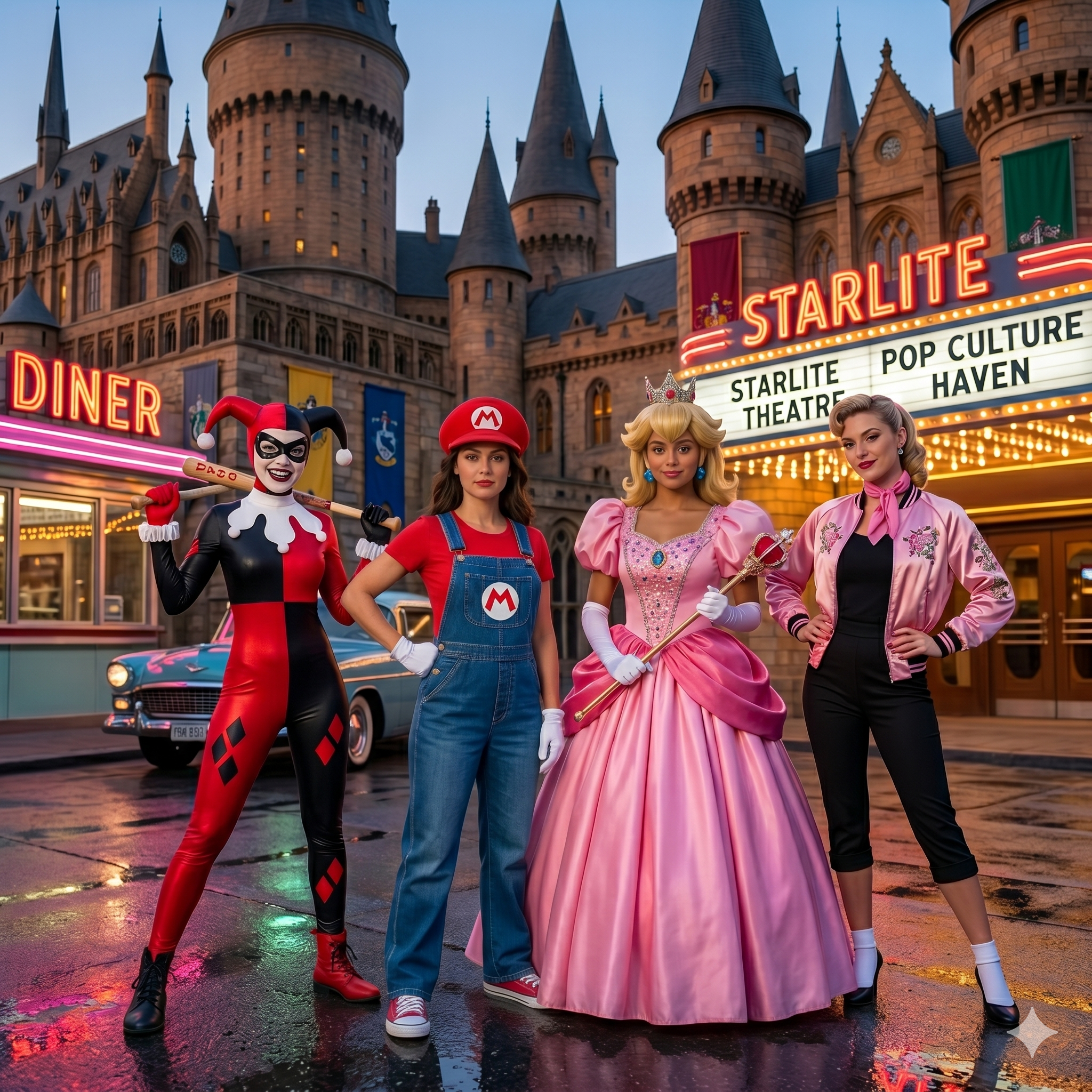 Vibrant female models wearing famous pop culture fancy dress costumes, a woman in a red and black Harley Quinn outfit, a classic Princess Peach pink dress with a crown, and a 1950s Grease Pink Ladies jacket, posing confidently together.