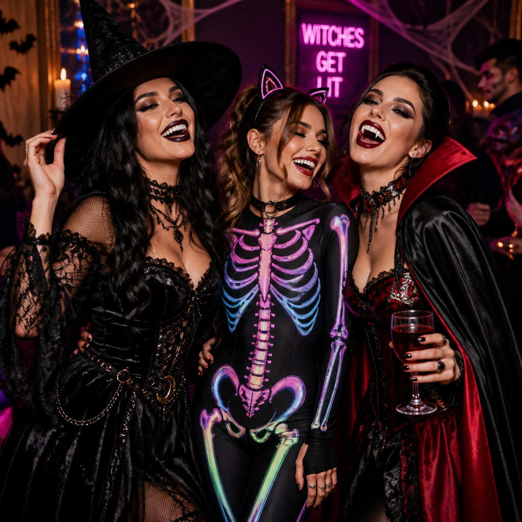 A high-energy group of women laughing and posing together at a Halloween party, featuring one looking glamorous in a dark gothic witch dress, another in a vibrant skeleton catsuit, and a third in a dramatic vampire costume.