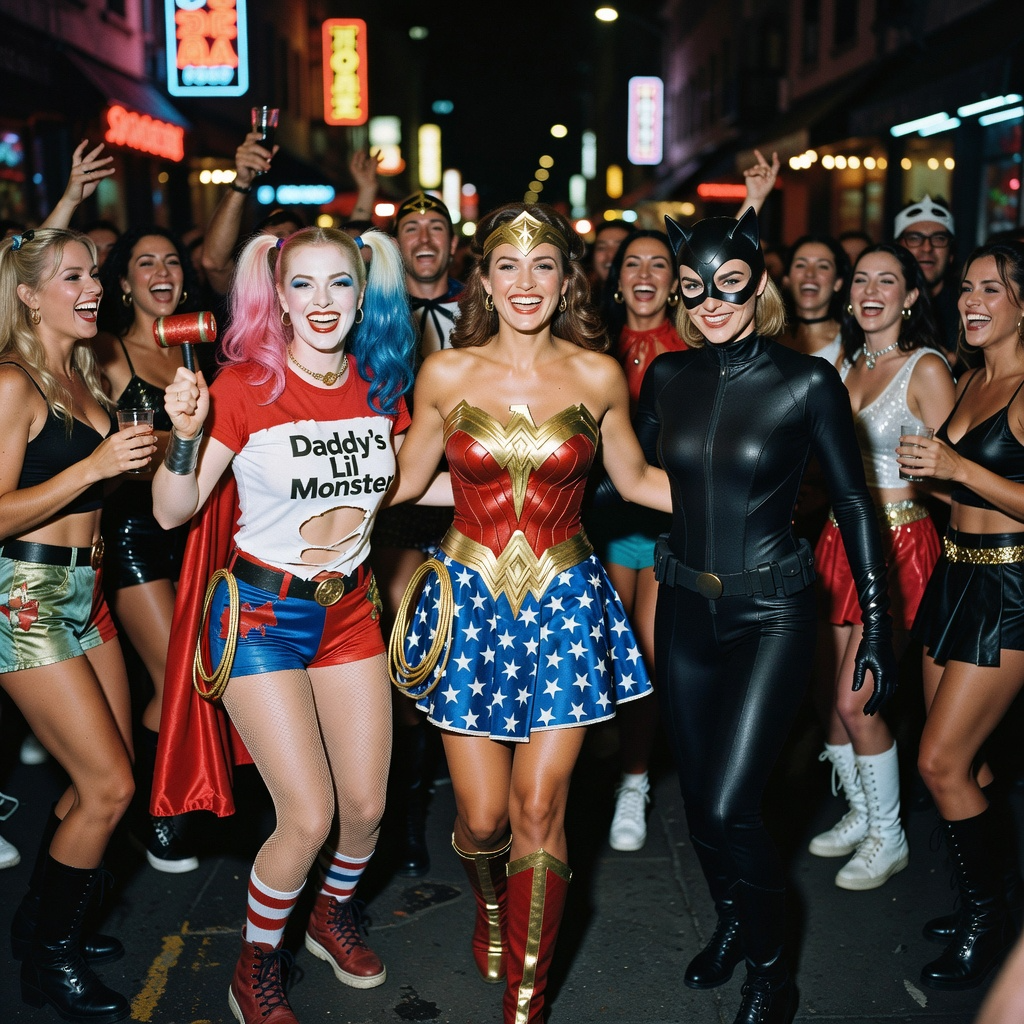 Women on a themed hen weekend wearing superhero and villain fancy dress costumes, featuring one woman in a classic Wonder Woman outfit with a tiara, another dressed as Harley Quinn with colorful pigtails, and a third in a sleek black Catwoman catsuit.