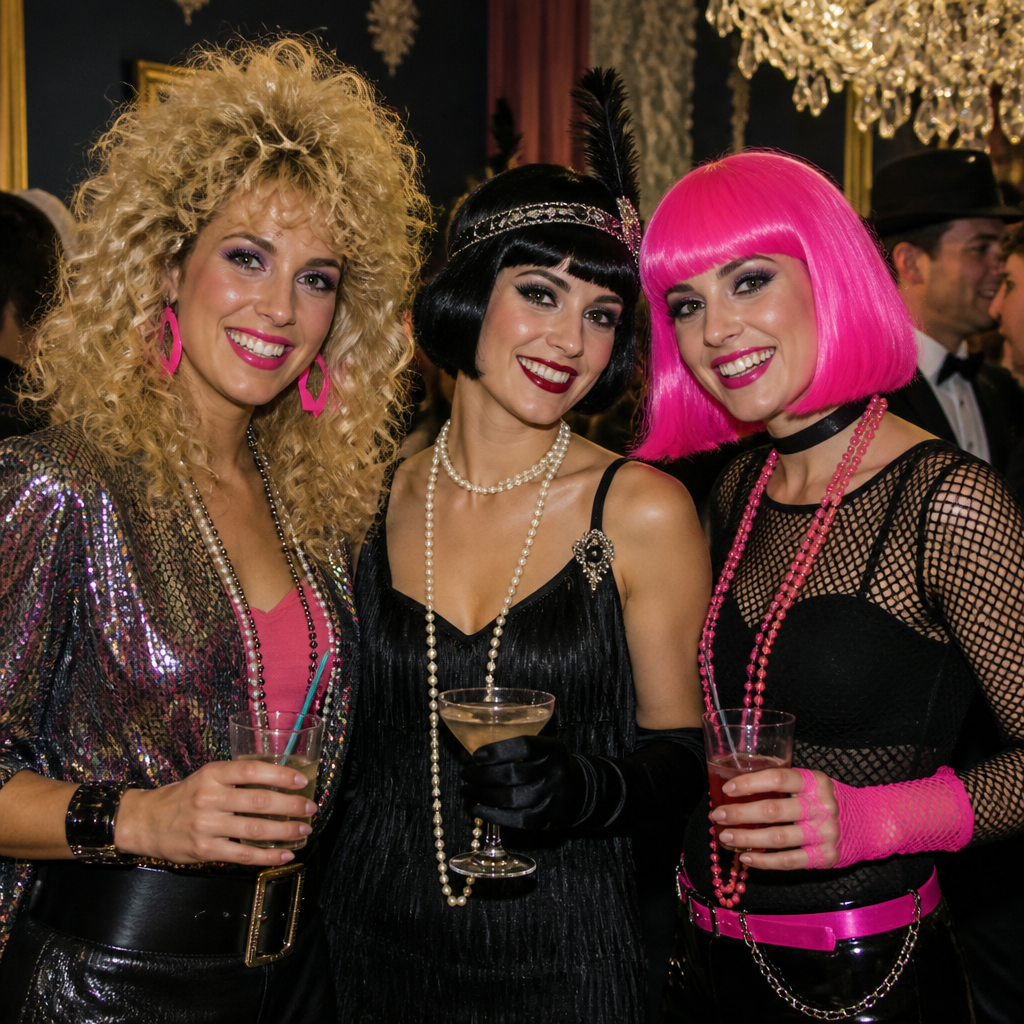 A vibrant, high-energy group of women smiling and posing at a fancy dress party, featuring one wearing a massive 1980s blonde curly perm wig, another in a sleek black 1920s flapper bob, and a third rocking a bright neon pink festival wig.