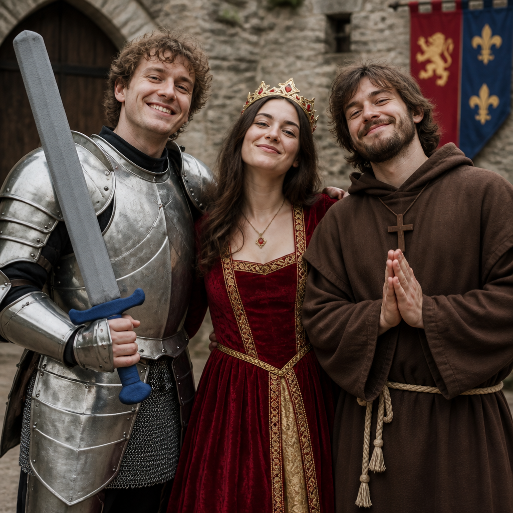 A lively group of friends posing together in medieval fancy dress costumes, featuring a man in silver knight armor holding a foam sword, a woman in a rich red velvet Renaissance queen gown, and another person dressed as a rustic hooded monk.