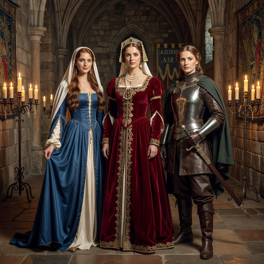 A fun group of women at a themed party wearing historical fancy dress costumes, featuring one woman in a rich velvet Tudor queen gown, another in a rustic medieval tavern maiden dress, and a third as a fierce Renaissance warrior.