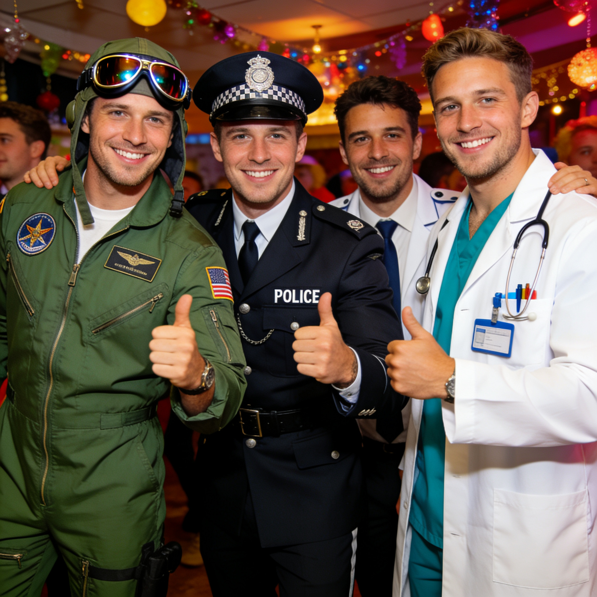 A lively group of men ready for a stag weekend in uniform fancy dress costumes, featuring one man in a green pilot flight suit and aviator sunglasses, another in a sharp police officer uniform, and a third in a classic white doctor's lab coat.