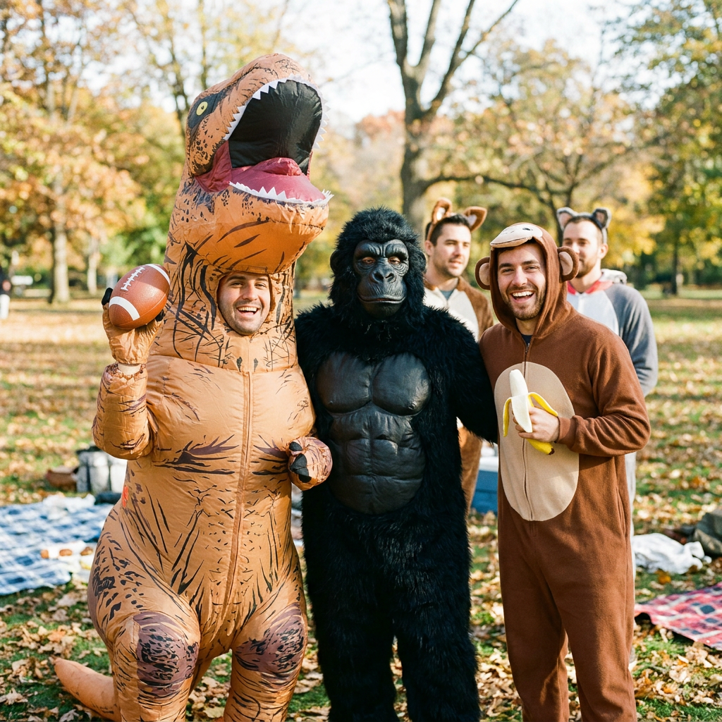 A group of men having fun in various animal fancy dress costumes, featuring one man in a giant inflatable dinosaur suit, another in a full plush gorilla costume, and a third wearing a cozy monkey onesie.
