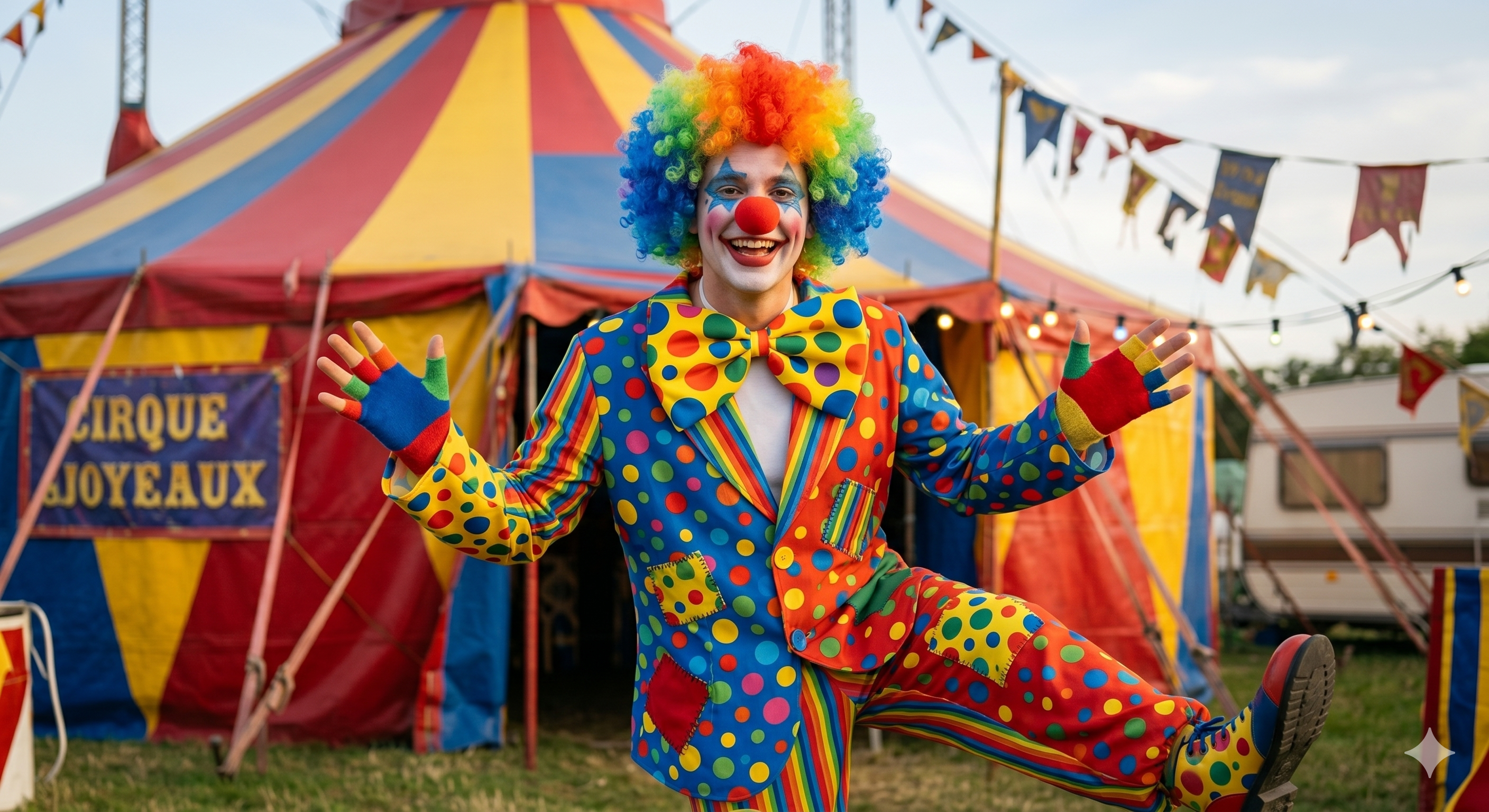 A smiling male model wearing a vibrant, friendly clown fancy dress costume featuring a colorful polka-dot suit, an oversized bow tie, and a rainbow afro wig, gesturing playfully in front of a circus tent background.