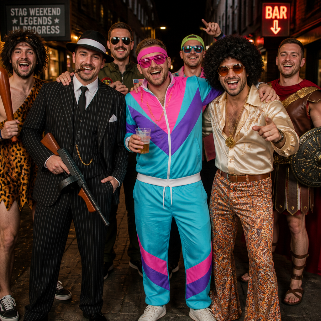 A lively group of men ready for a stag weekend in different decades fancy dress costumes, featuring one man in a sharp 1920s gangster pinstripe suit, another in a neon 1980s shell suit, and a third in a funky 1970s disco outfit with an afro.