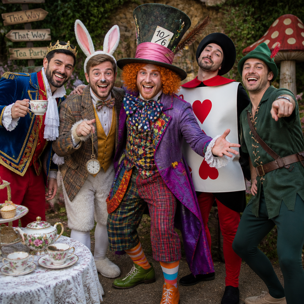A fun group of men wearing fairytale and fantasy fancy dress costumes, featuring one man dressed as Robin Hood, another as a regal king wearing a crown and red velvet cape, and a third as the eccentric Mad Hatter.