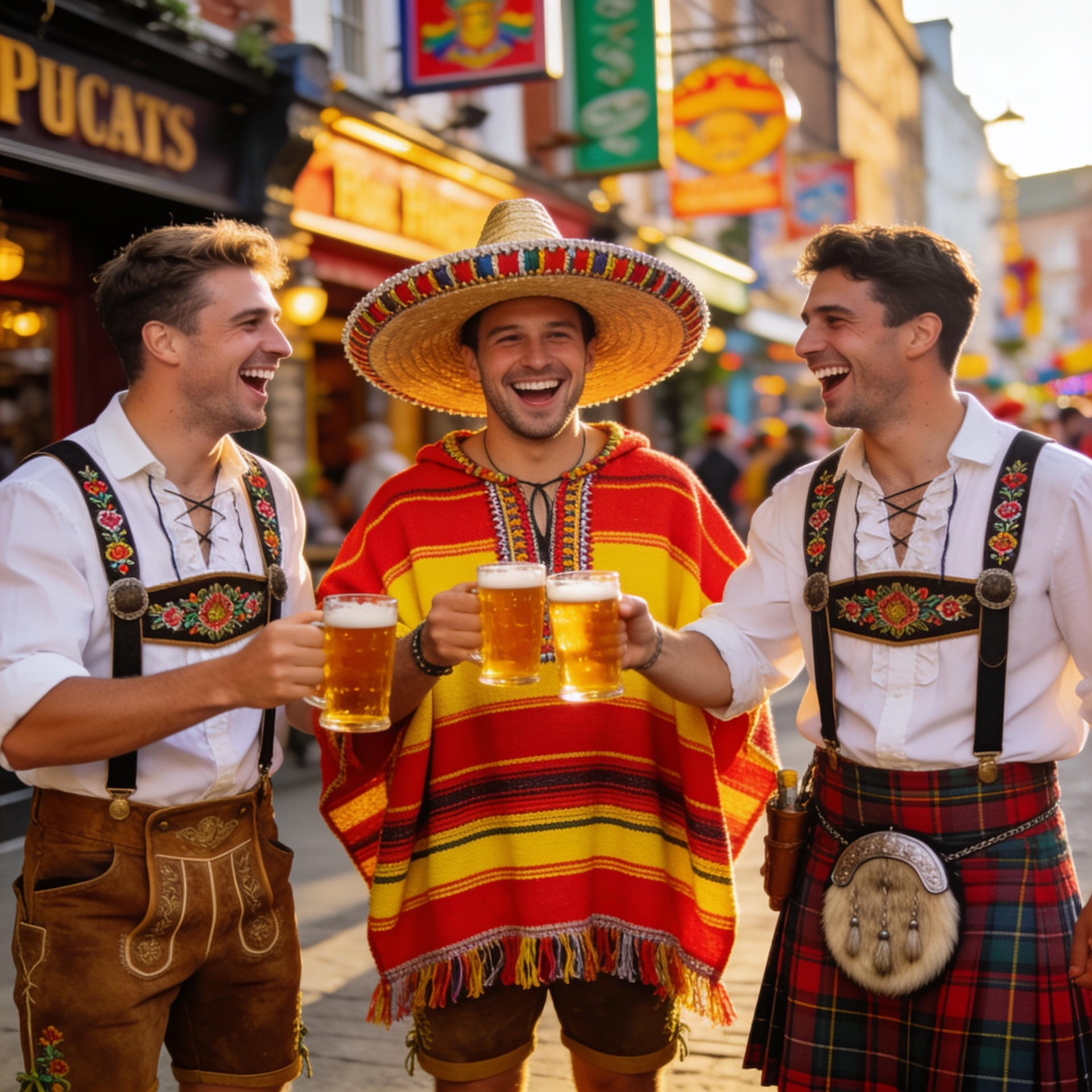Men on a themed pub crawl wearing different world fancy dress costumes, featuring one man in traditional German lederhosen holding a beer stein, another in a vibrant Mexican poncho and sombrero, and a third in a traditional Scottish kilt.