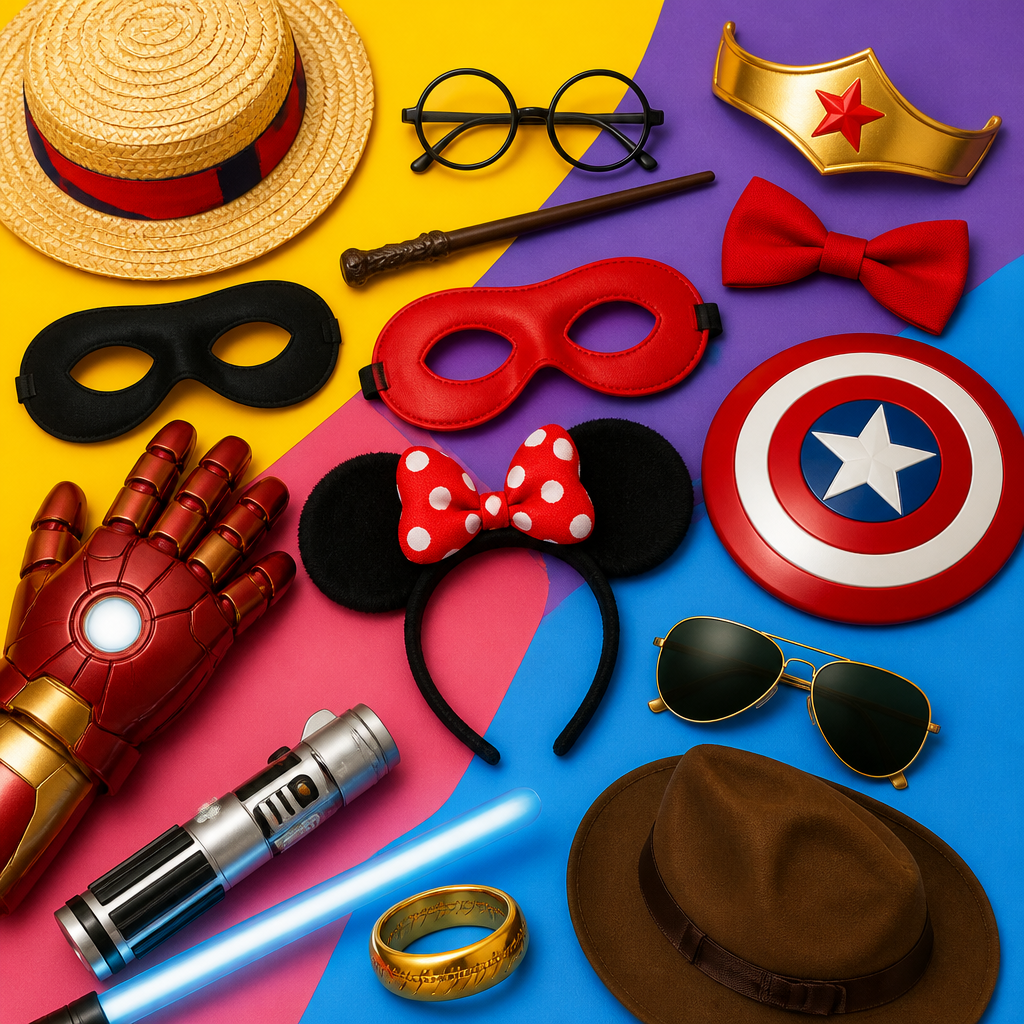 Famous pop culture costume accessories, featuring a magical Harry Potter wand, a red Super Mario hat with a black mustache, a classic superhero eye mask, and a glowing blue sci-fi sword