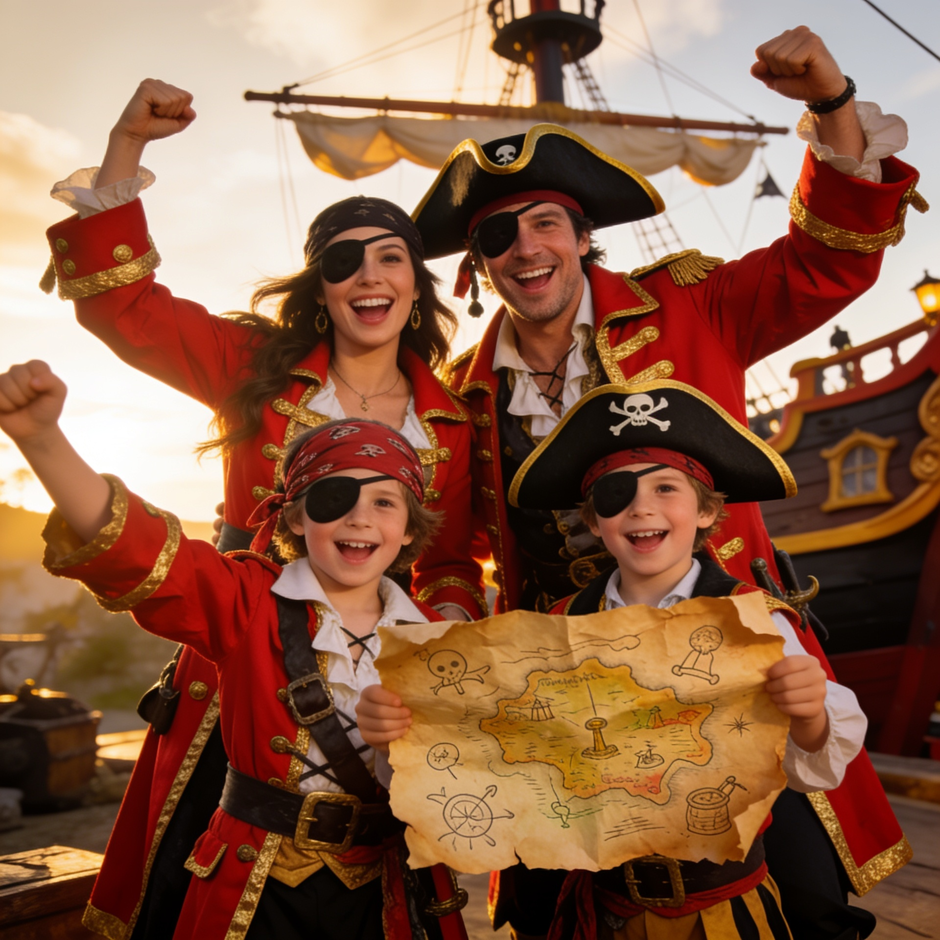 A vibrant, high-energy group of adults and children posing together in pirate fancy dress costumes, featuring a man in a red captain's coat, a woman in a corset-style pirate queen dress, and a child holding a soft foam cutlass and treasure map.
