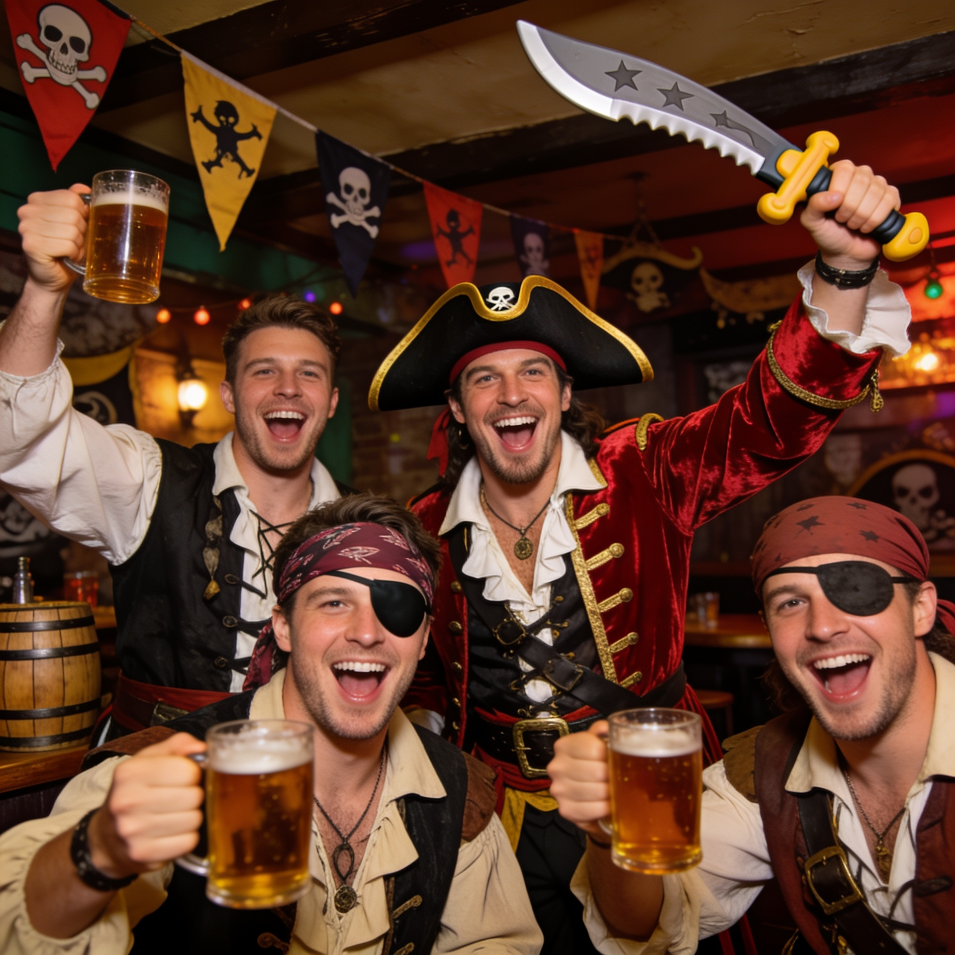 A lively group of men on a stag weekend wearing pirate fancy dress costumes, featuring one man as a captain in a red velvet coat and tricorn hat, another in a rugged scallywag outfit with a bandana, and a third holding a foam cutlass sword.