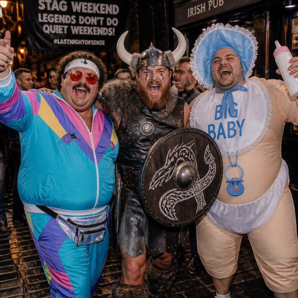 A high-energy, laughing group of men on a wild stag weekend, featuring a plus-size man looking brilliant in a retro 80s shell suit tracksuit, another dressed as a fierce Viking warrior, and a third in a hilarious giant baby comedy costume.