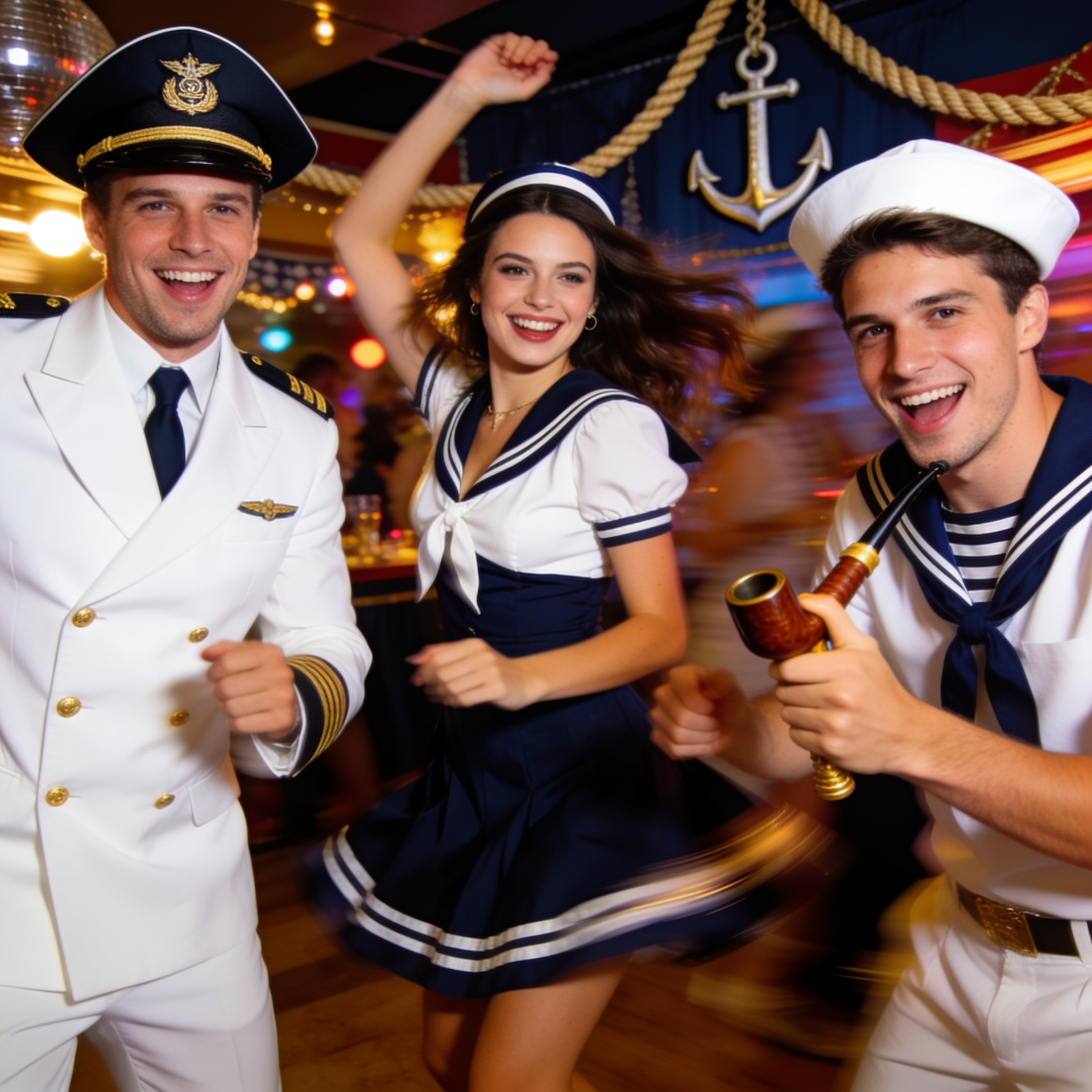 Group of friends dancing at a nautical themed party wearing sailor fancy dress costumes, featuring a man in a crisp white captain's uniform with a peaked hat, a woman in a retro navy and white sailor dress.