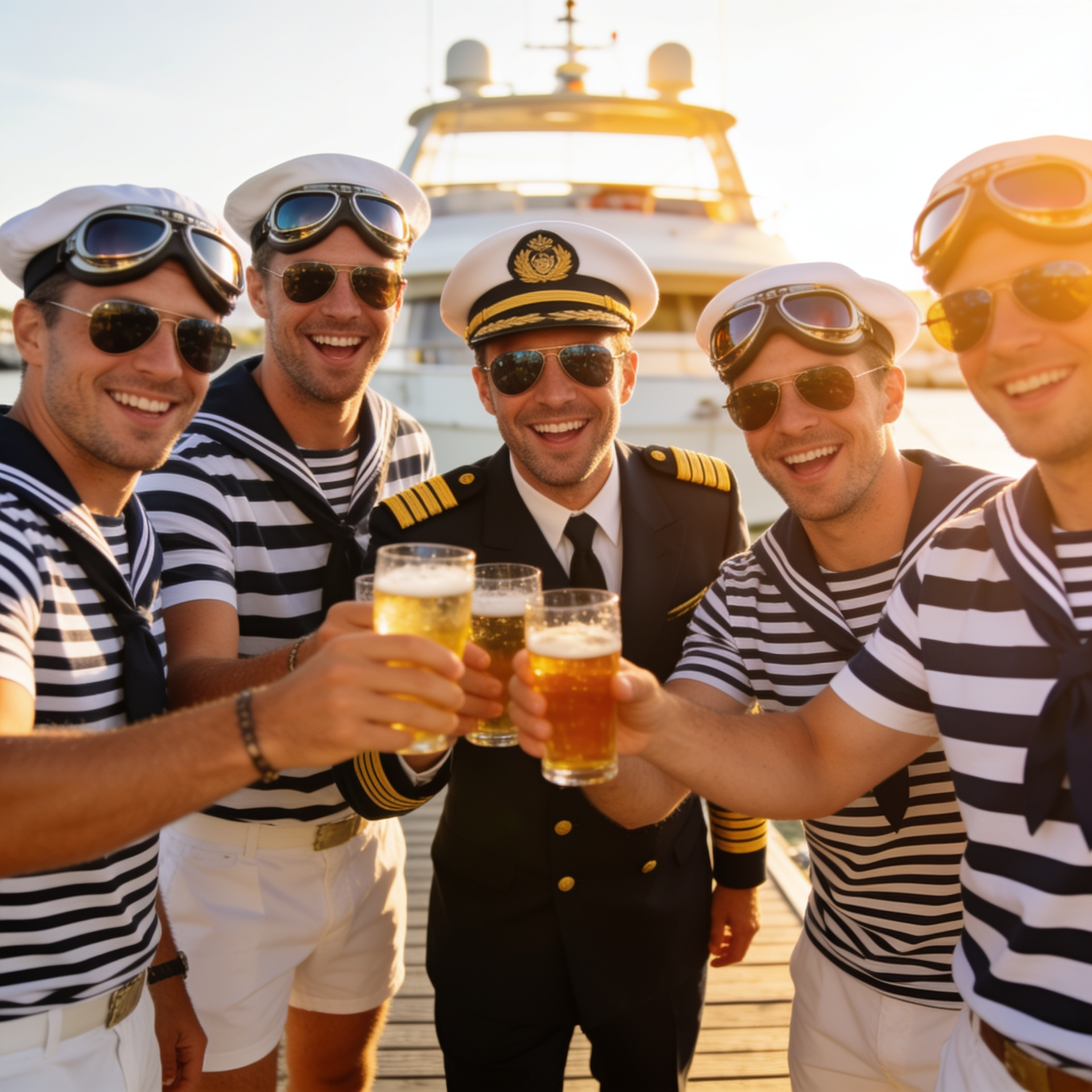 A lively group of men on a nautical-themed stag weekend wearing sailor fancy dress costumes.