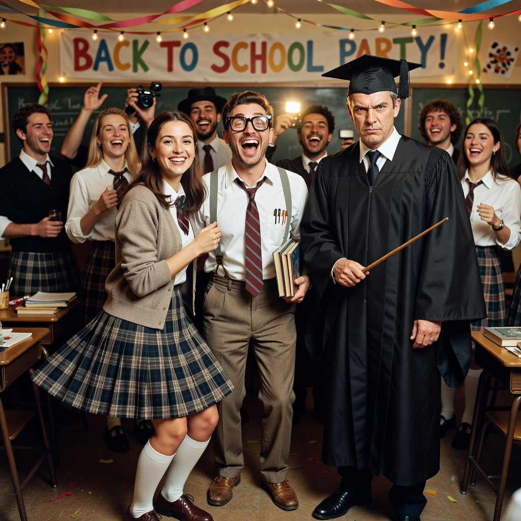 Back to School themed party wearing school fancy dress costumes, featuring a woman in a classic pleated skirt and cardigan, a man dressed as a hilarious swotty geek with thick glasses, and another person wearing a strict headmaster gown