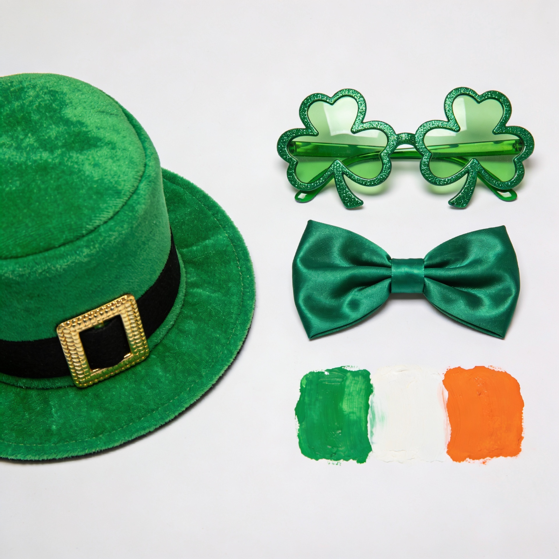 A festive and colorful flat-lay of St. Patrick's Day fancy dress accessories, featuring a plush green leprechaun top hat, shamrock-shaped novelty glasses, a green bow tie, and tri-colour face paint.