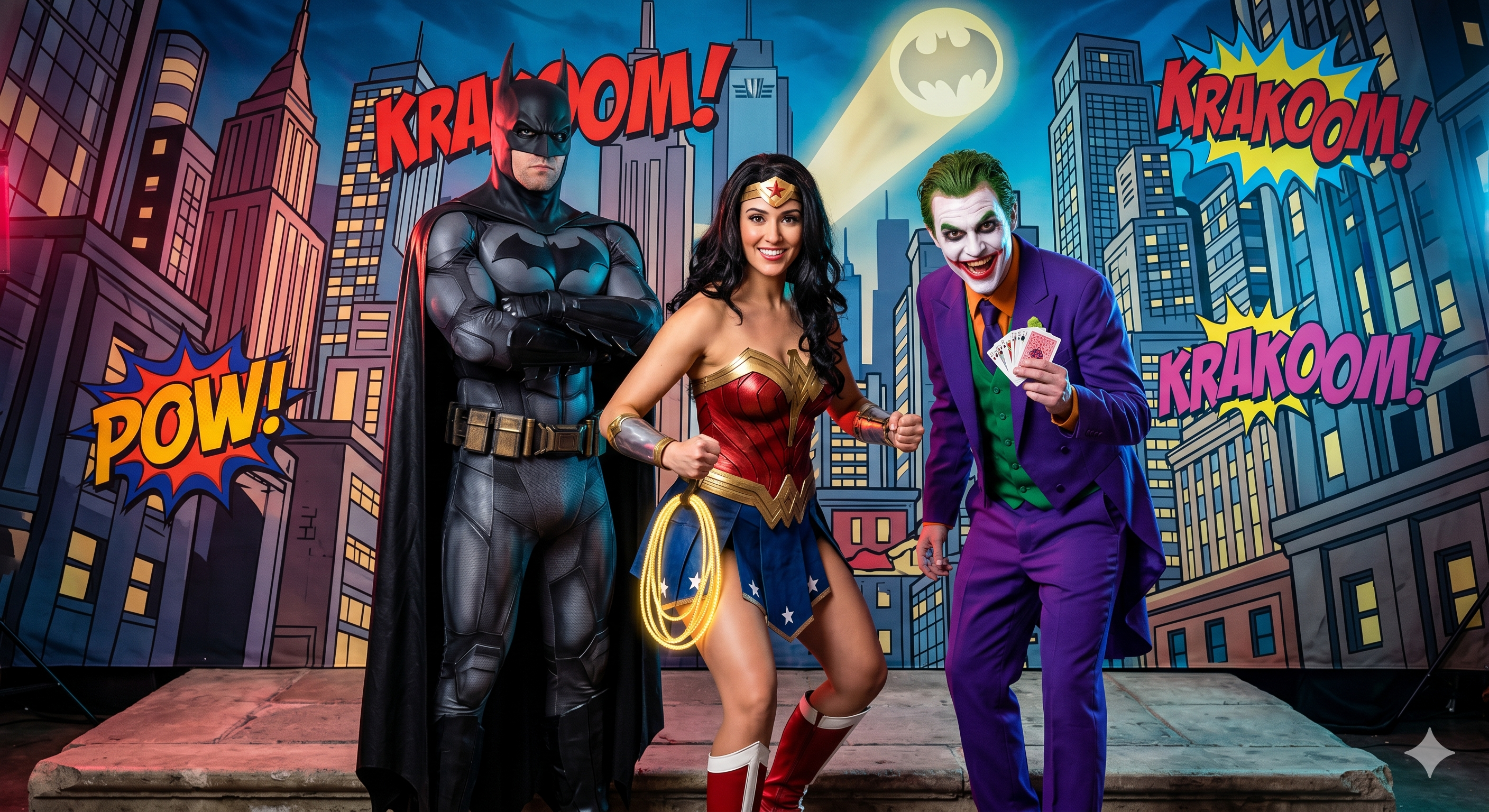A heroic group of models wearing comic book fancy dress costumes, featuring a woman in a red and blue Wonder Woman outfit, a man in a dark Batman suit, and a grinning villain in a purple Joker suit, posing against a comic book city backdrop.