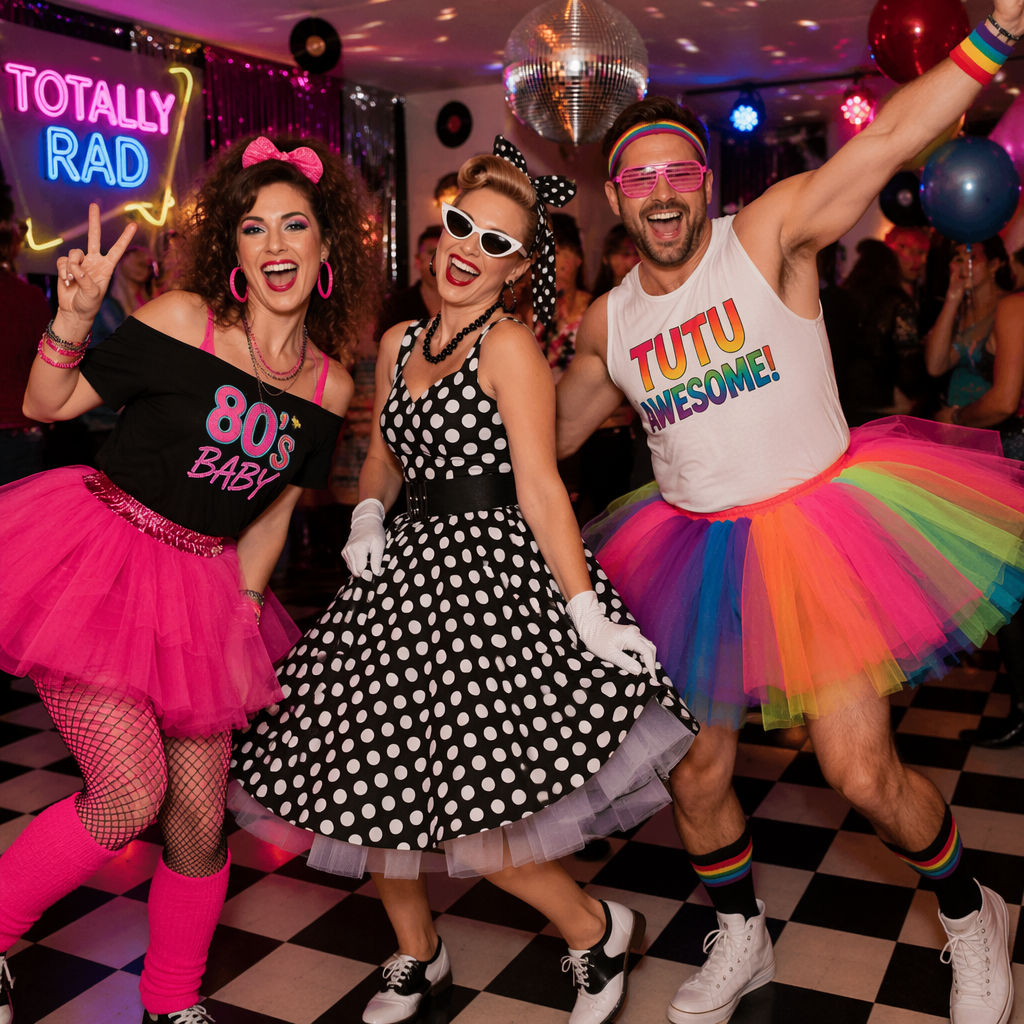 Friends having fun at a fancy dress party, featuring a woman twirling in a bright neon pink 80s tutu, another wearing a classic 1950s swing dress with a fluffy white petticoat underneath, and a man laughing in a funny rainbow tutu.
