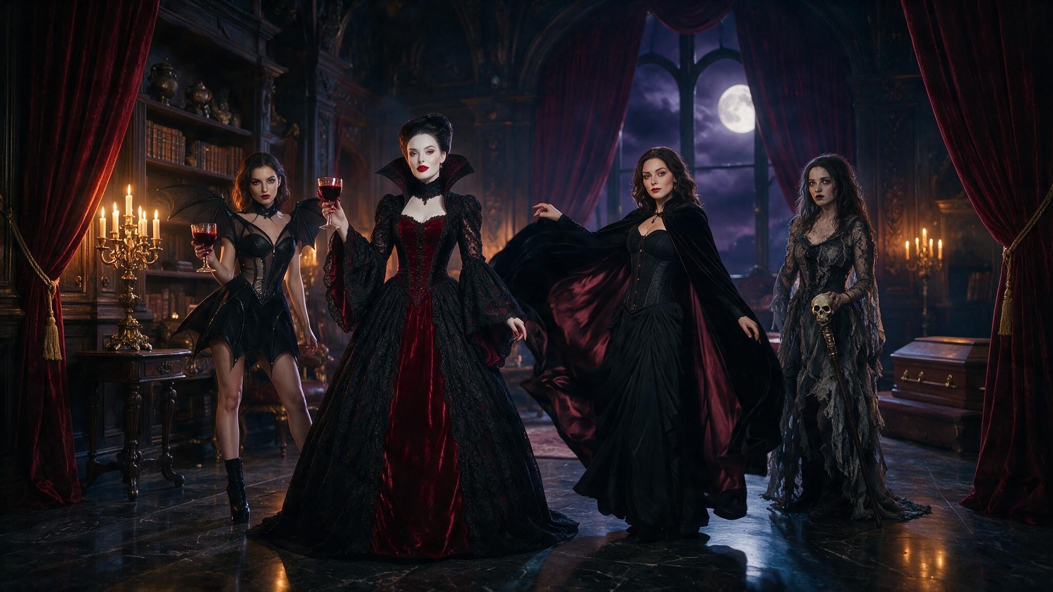 group of four vampire women posing confidently and commandingly within a dimly lit, opulent gothic castle parlor at night.
