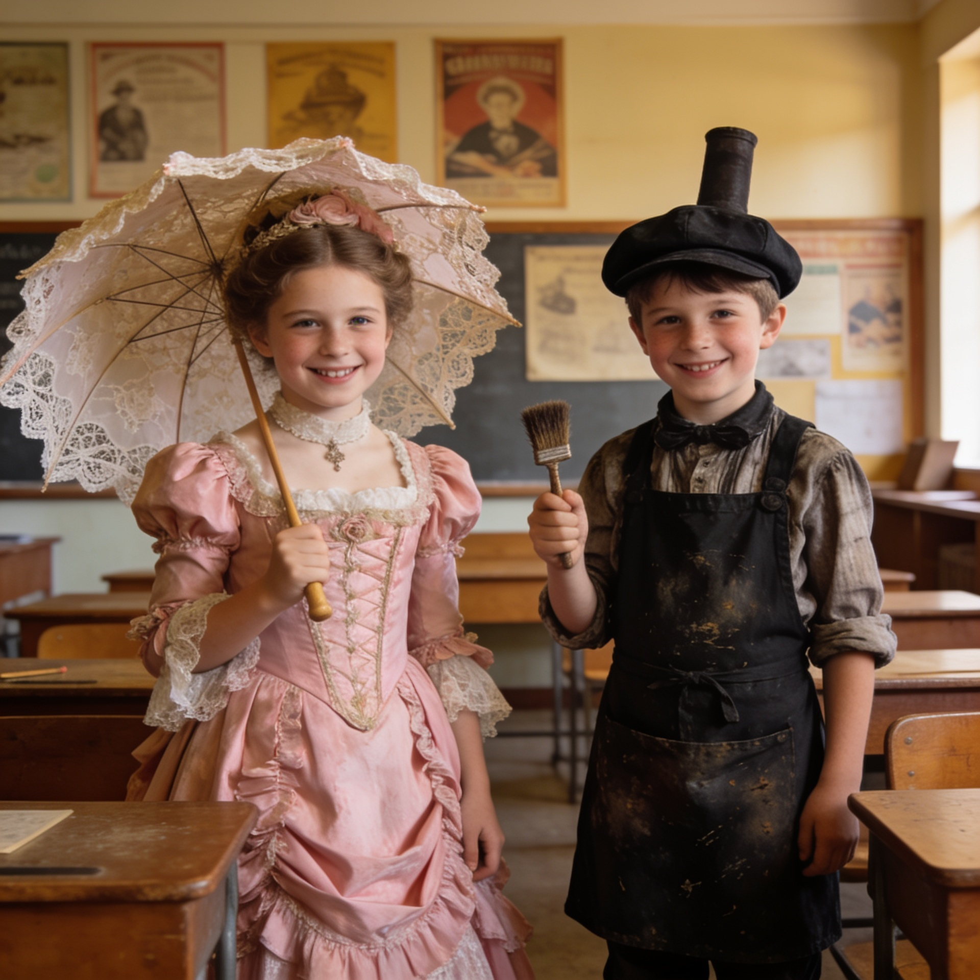 Children in historical fancy dress costumes ready for school dress-up day, featuring one child as a Victorian chimney sweep with a flat cap and brush, another as a wealthy Victorian lady in an elegant dress.