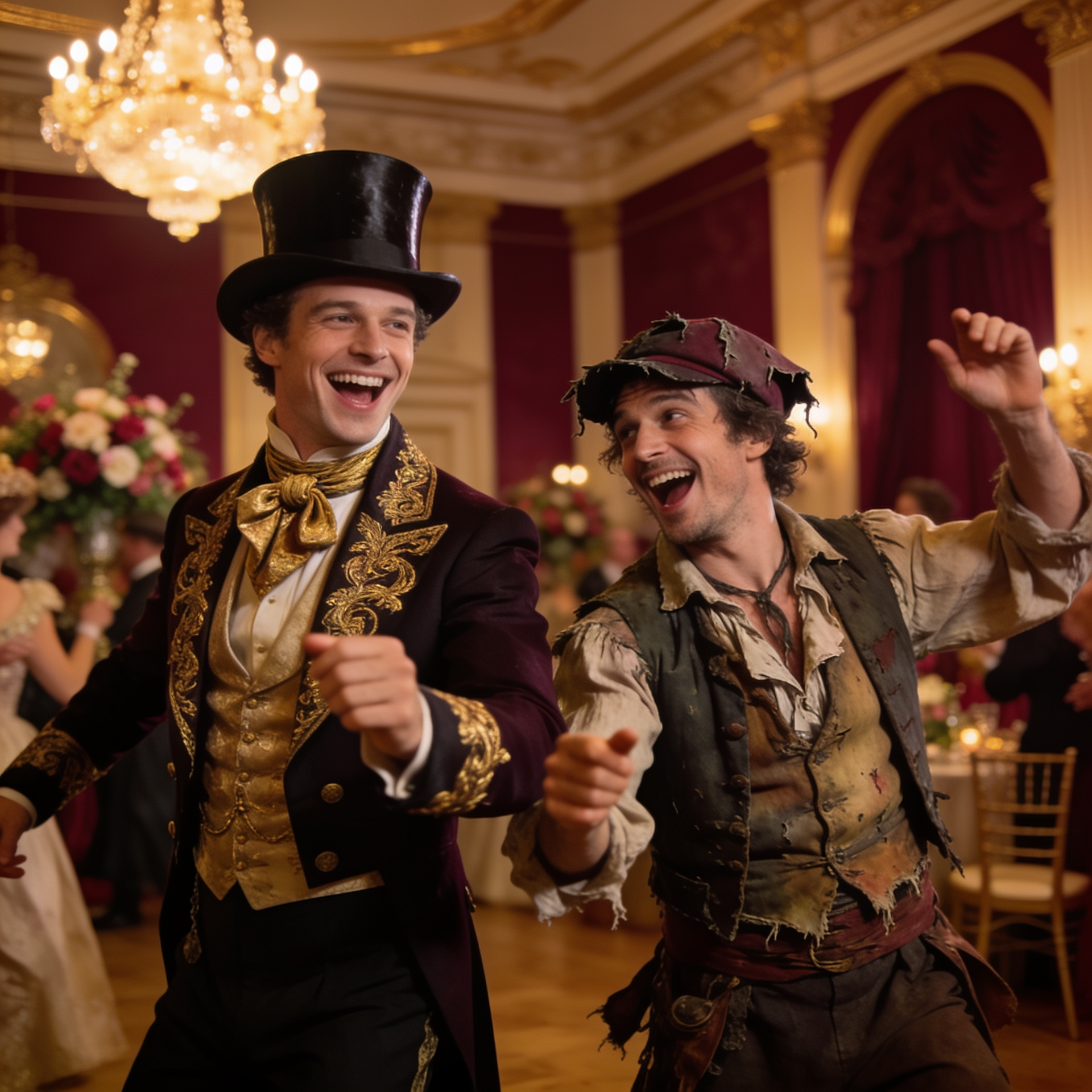 A sharp, energetic group of men at a historical themed party wearing Men's Victorian fancy dress costumes, featuring one man in an elegant high-society tailcoat and top hat, another in a classic Dickensian ruffian outfit.
