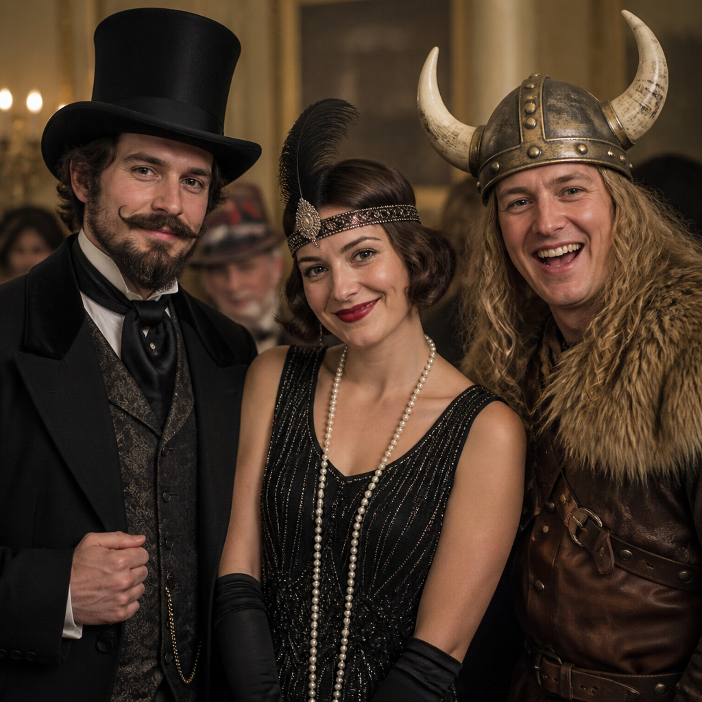 A fun group of people representing different historical eras in vintage fancy dress hats, featuring a man in a tall Victorian top hat, a woman in a sparkling 1920s flapper headpiece, and a person wearing a rugged horned Viking helmet.