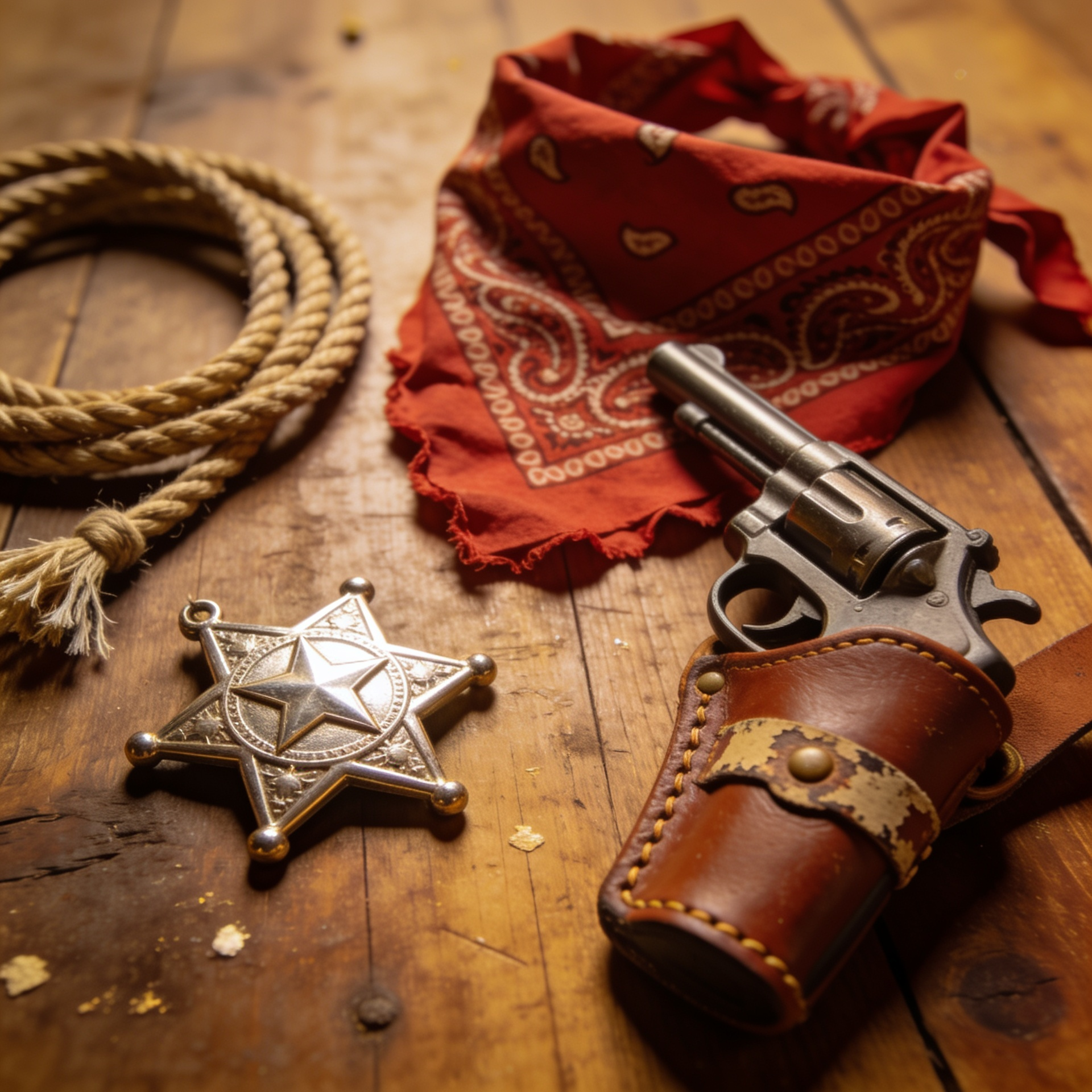 A fun, rustic flat lay of Wild West fancy dress accessories scattered on a wooden tavern table, featuring a shiny silver sheriff badge, a red paisley bandana, a braided lasso, and a toy cap gun in a faux-leather holster.