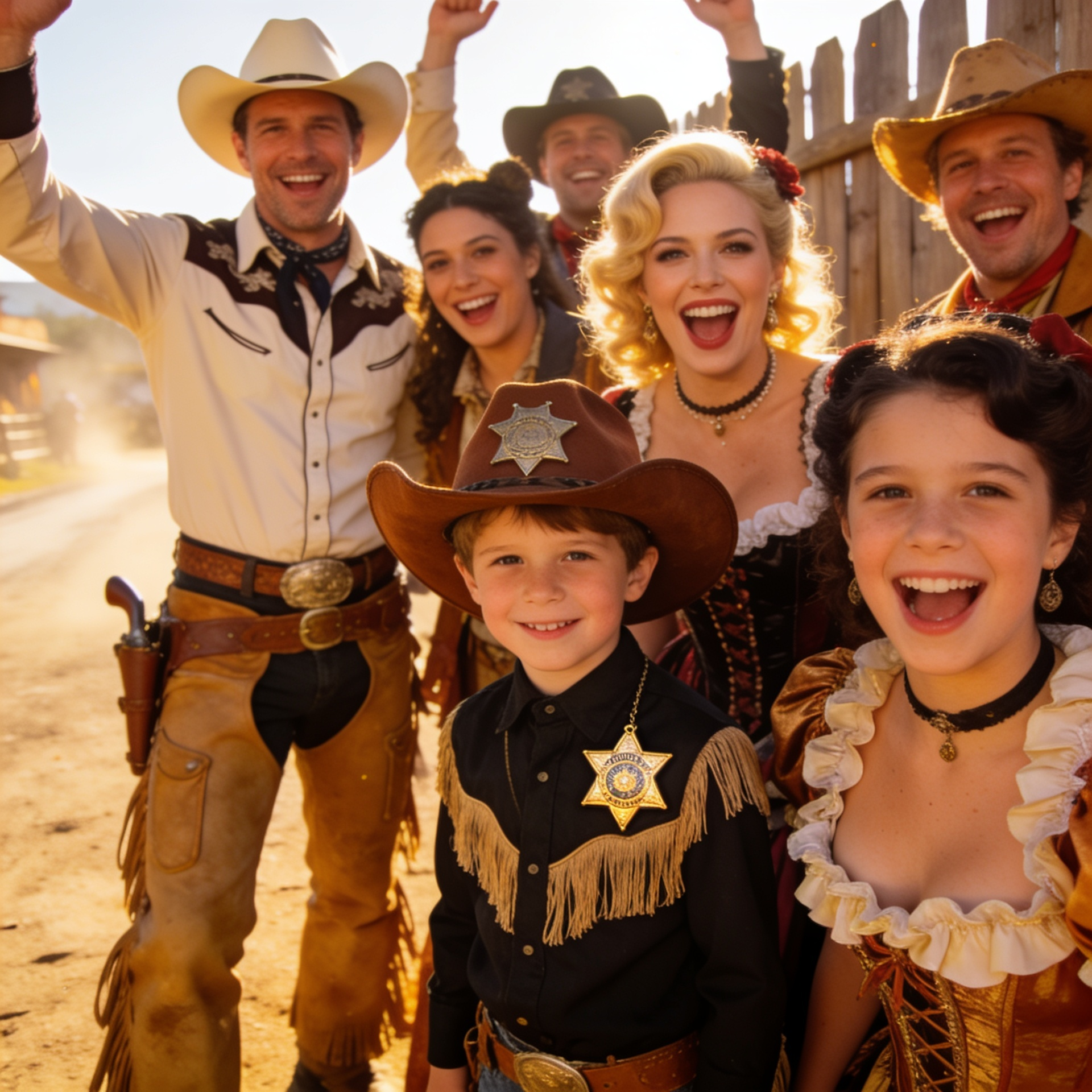 Group of adults and children posing together in Wild West fancy dress costumes, featuring a man in a classic cowboy outfit with chaps, a woman in a glamorous ruffled saloon girl dress, and a child wearing a sheriff badge and brown cowboy hat.