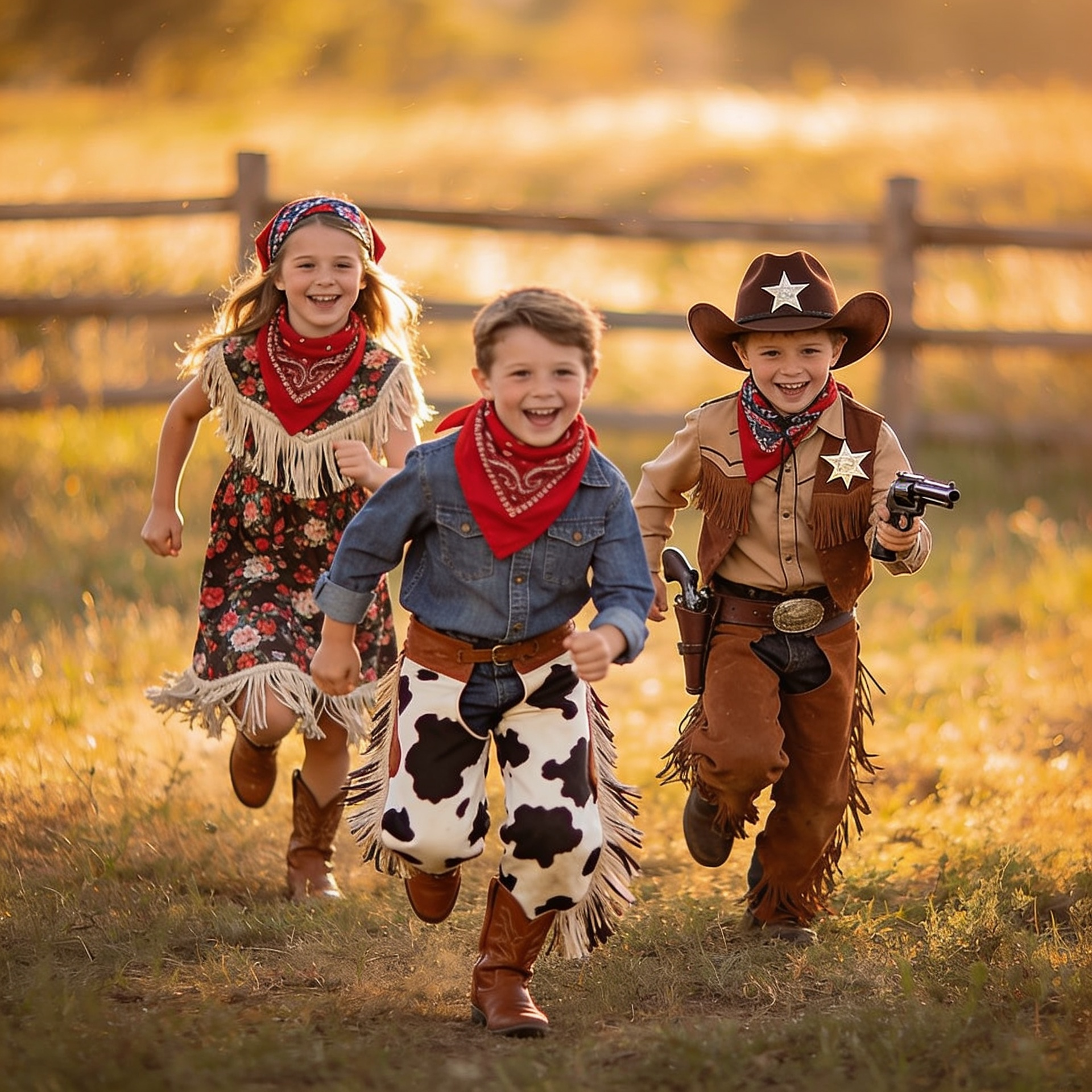 A joyful group of children playing make-believe in Wild West fancy dress costumes, featuring one child in a classic cowboy outfit with cow-print chaps, another in a cute fringed cowgirl dress, and a third wearing a sheriff badge and a brown cowboy hat.