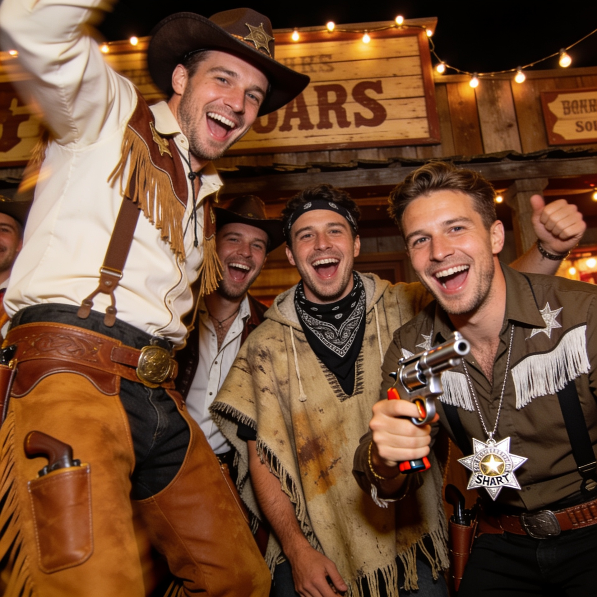 Group of men on a themed stag weekend wearing Wild West fancy dress costumes, featuring one man as a classic cowboy with brown chaps and a hat, another in a rugged outlaw poncho with a bandana, and a third wearing a silver sheriff badge