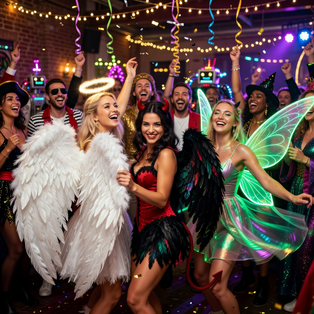 A high-energy group of friends having fun at a themed fancy dress party, featuring a woman in pure white fluffy angel wings and a halo, another dressed as a cheeky devil with black feathered wings, and a third wearing bright neon green fairy wings.