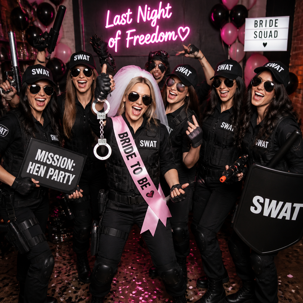 A fun, high-energy group of women celebrating at a hen party in polices uniform fancy dress costumes.